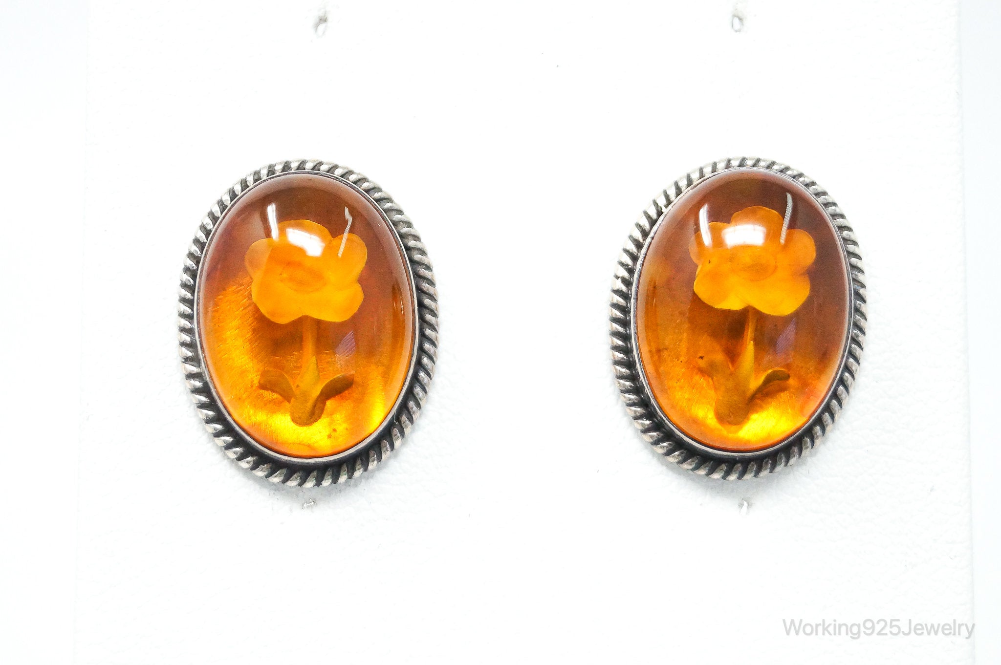 Vintage Designer Merav Flower Cameo Amber Sterling Silver Earrings