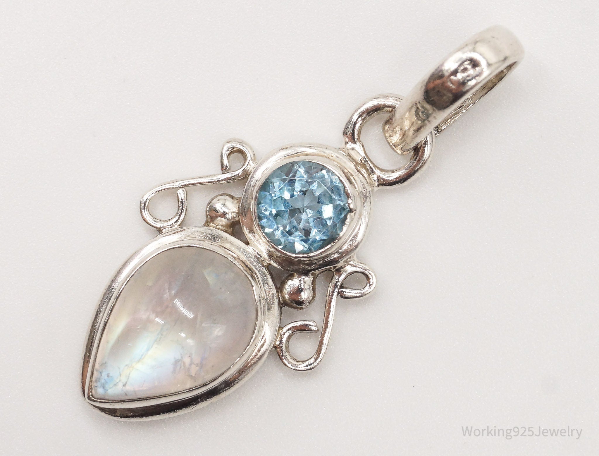 Vintage Designer SJ Blue Topaz Moonstone Sterling Pendant