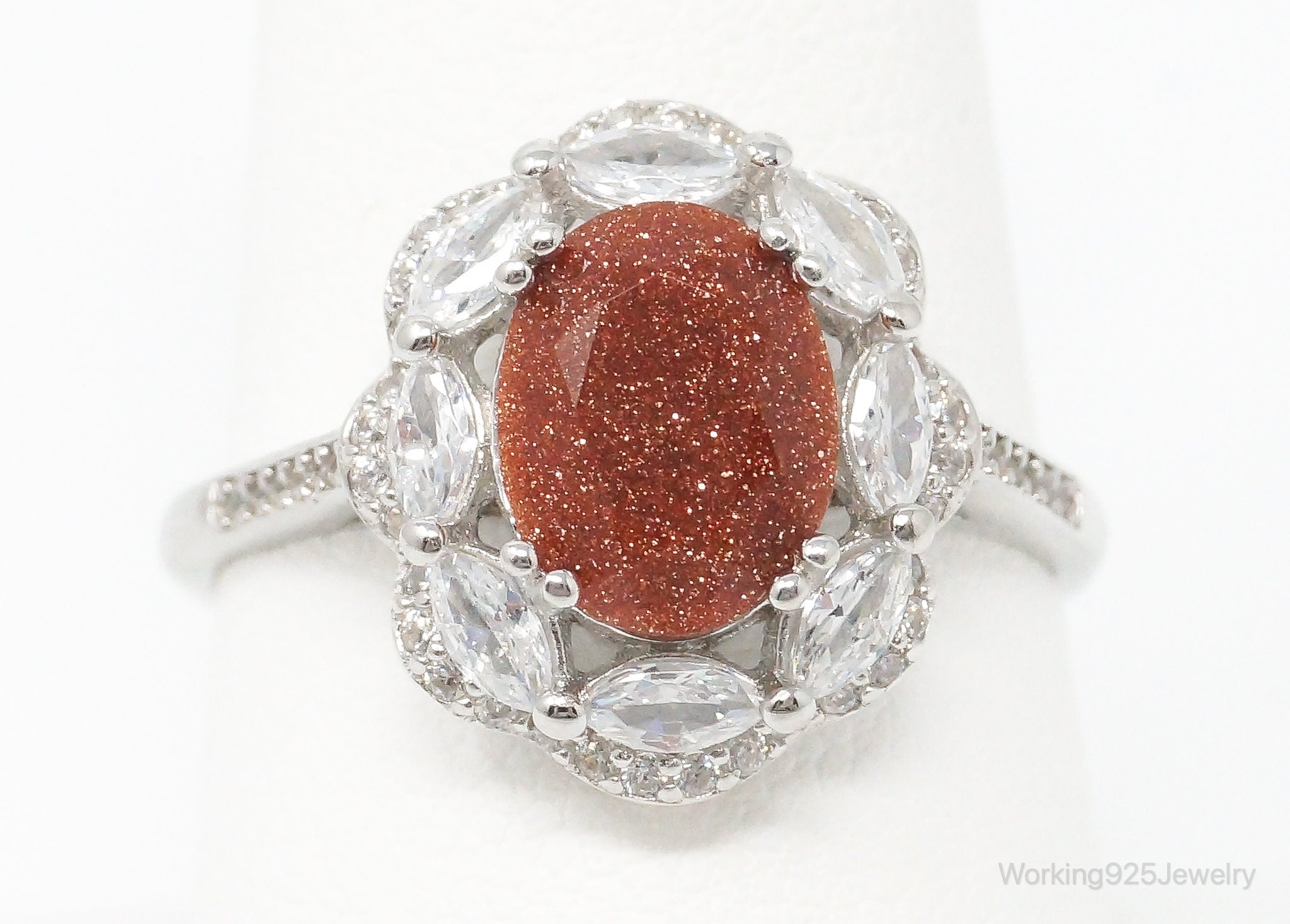 Goldstone Cubic Zirconia Flower Sterling Silver Ring - Size 8.75 Adjustable