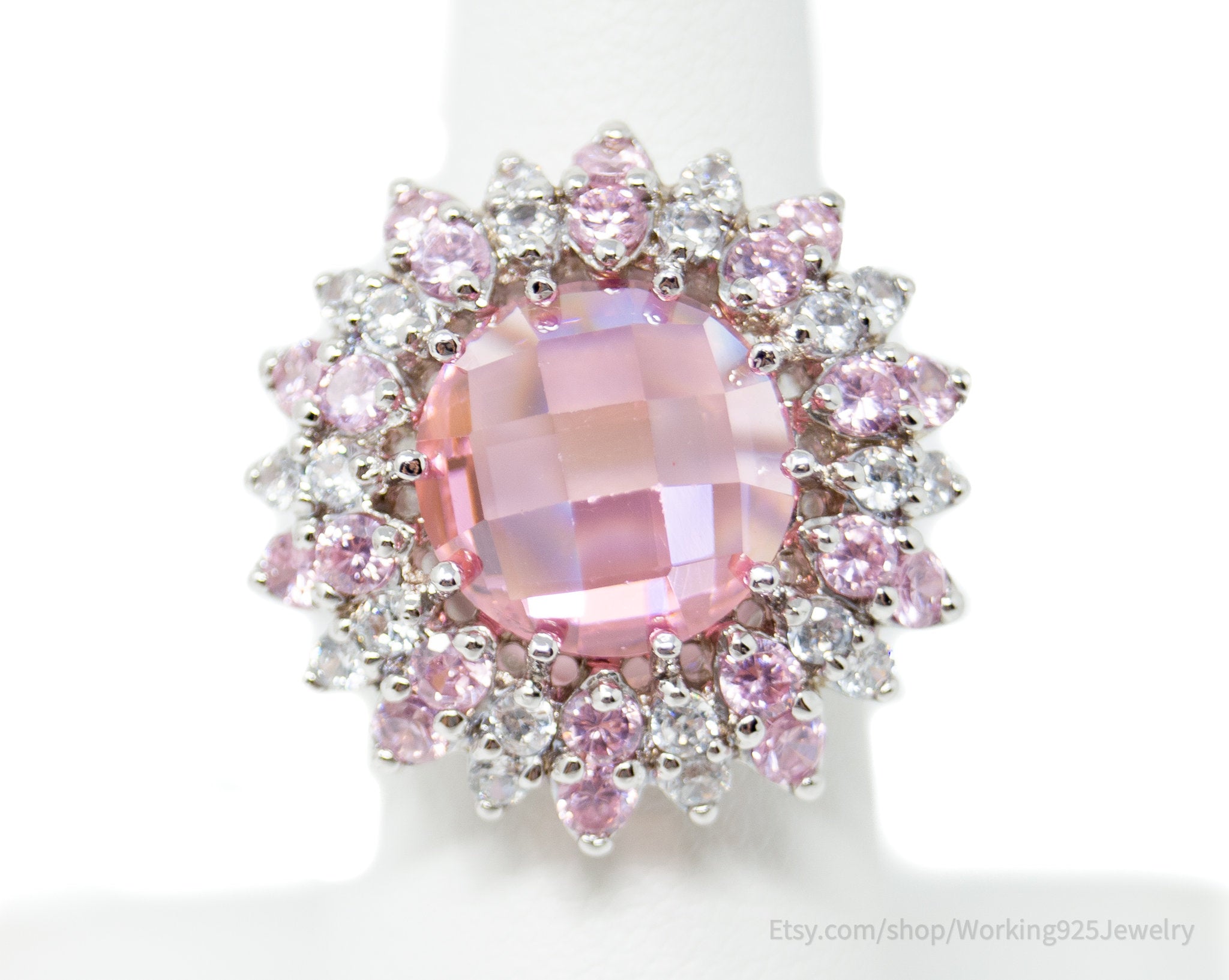 Vintage Art Deco Style Pink Topaz CZ Cluster Sterling Silver Ring - Size 6.75