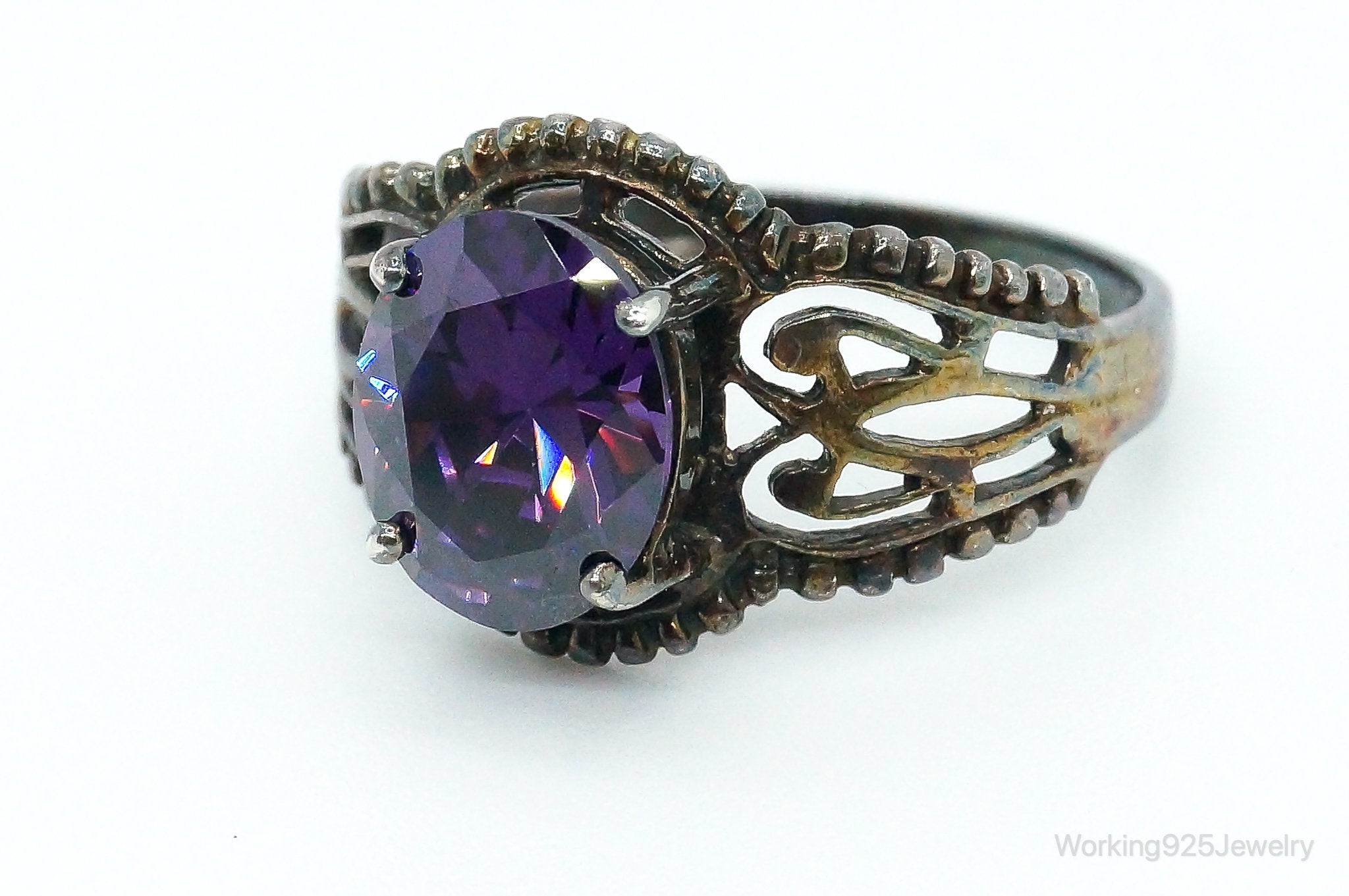 Vintage Amethyst Oxidized Sterling Silver Ring - Size 9