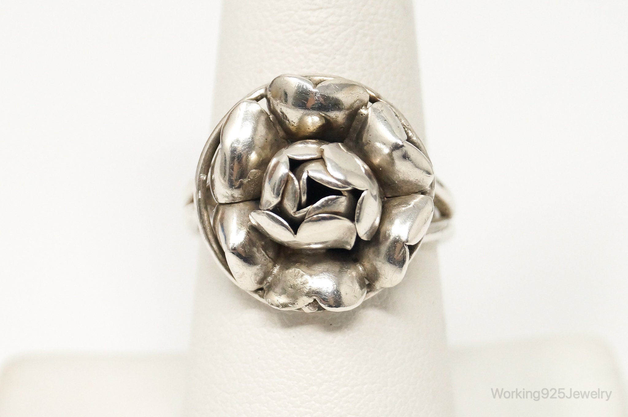 Vintage Handmade 3D Flower Sterling Silver Ring - Size 7.75