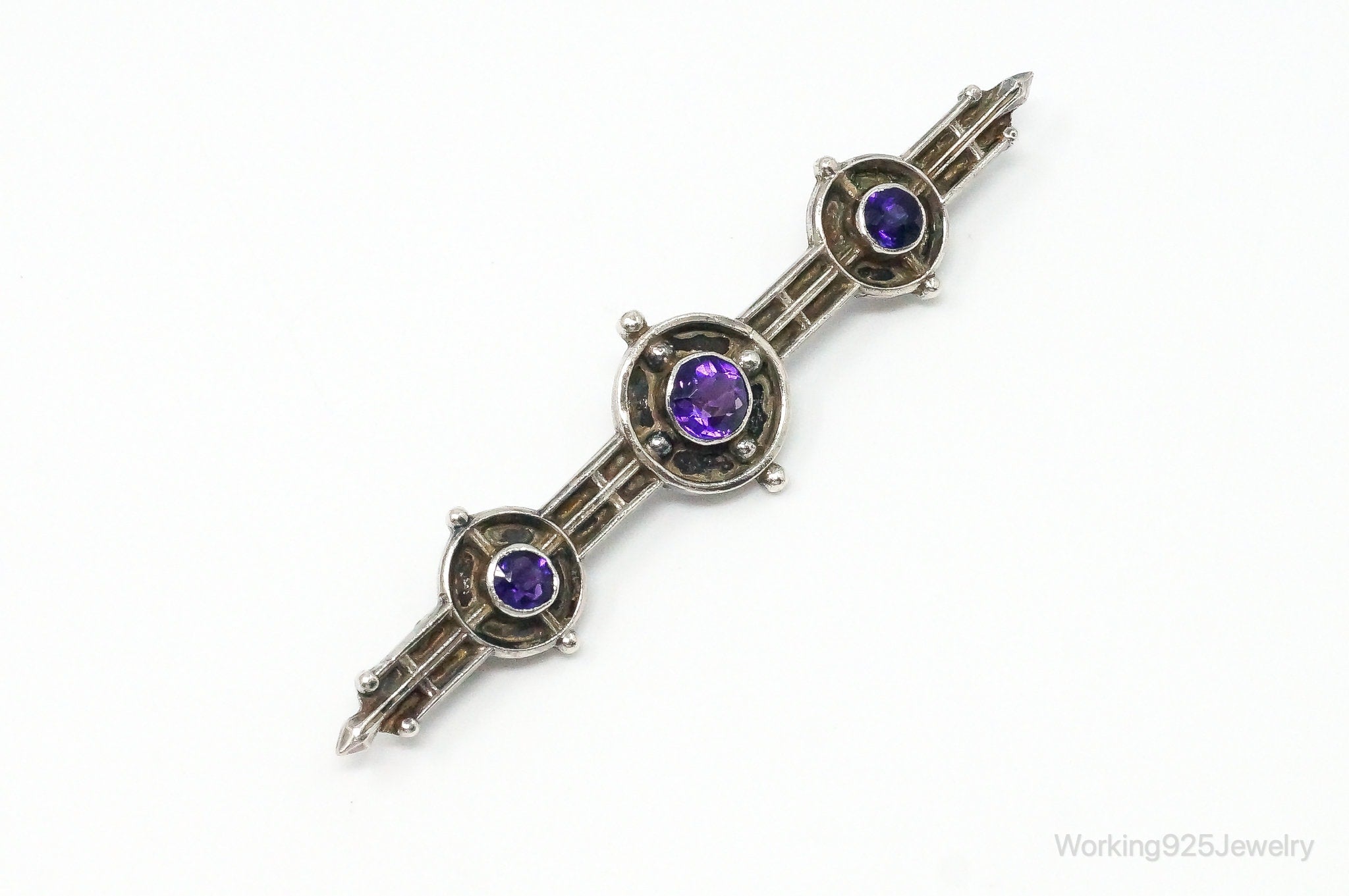 Antique Amethyst Sterling Silver Brooch Pin Bar