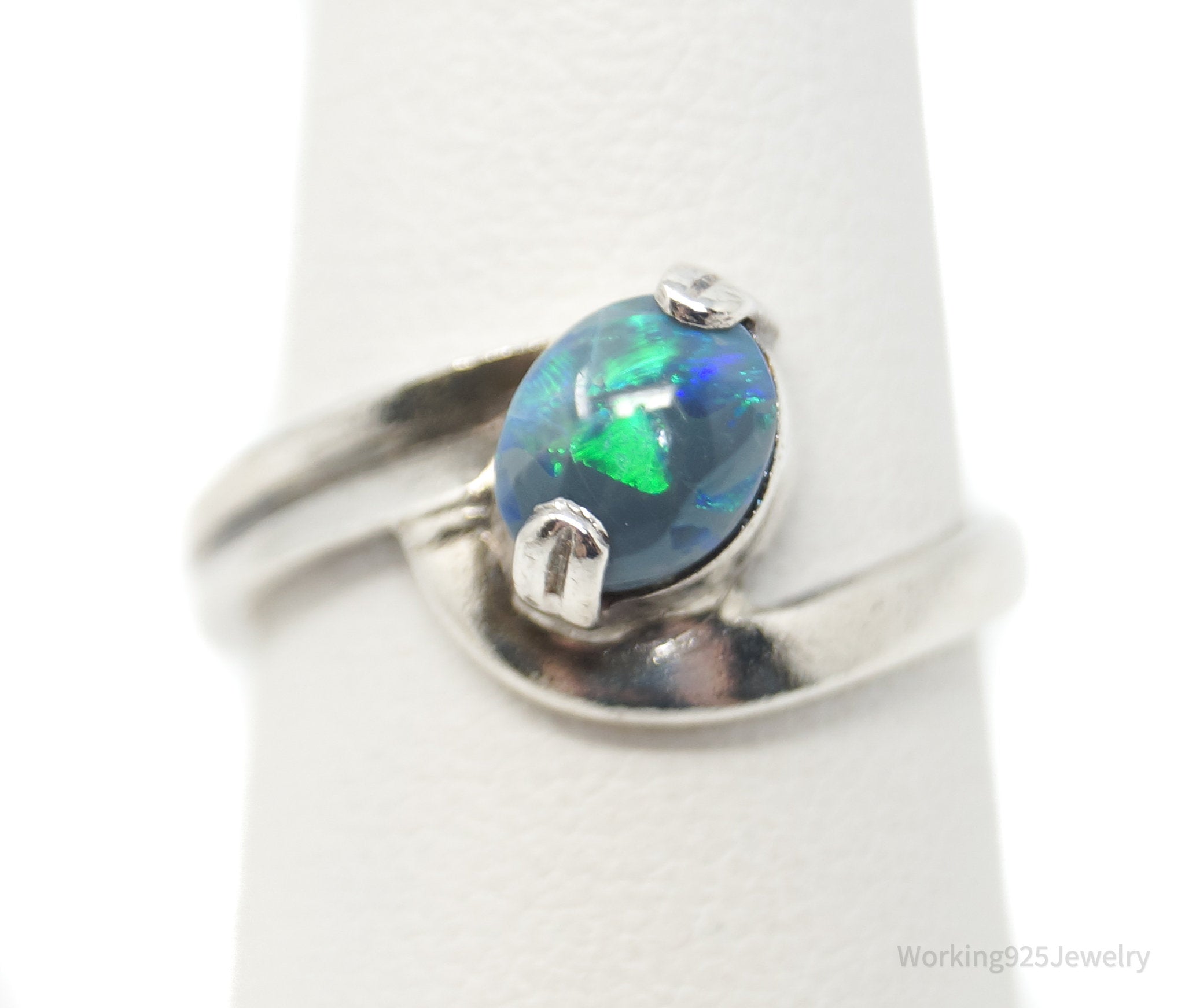 Vintage Blue Fire Opal Sterling Silver Ring - Size 5.75