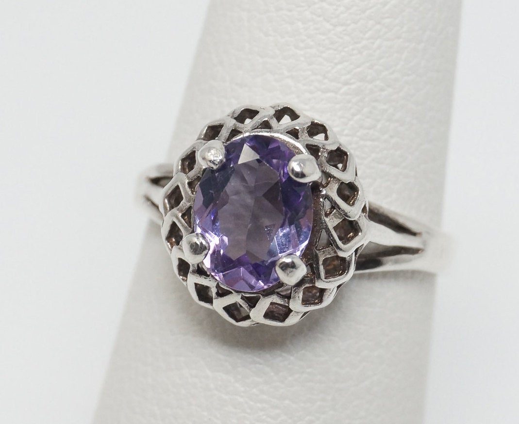 Vintage Art Deco Purple Amethyst Sterling Silver Ring - Sz 5.5