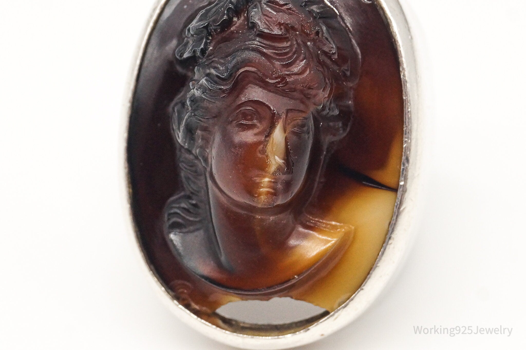 Antique Large Carved Agate Woman Cameo Silver Ring - SZ 8