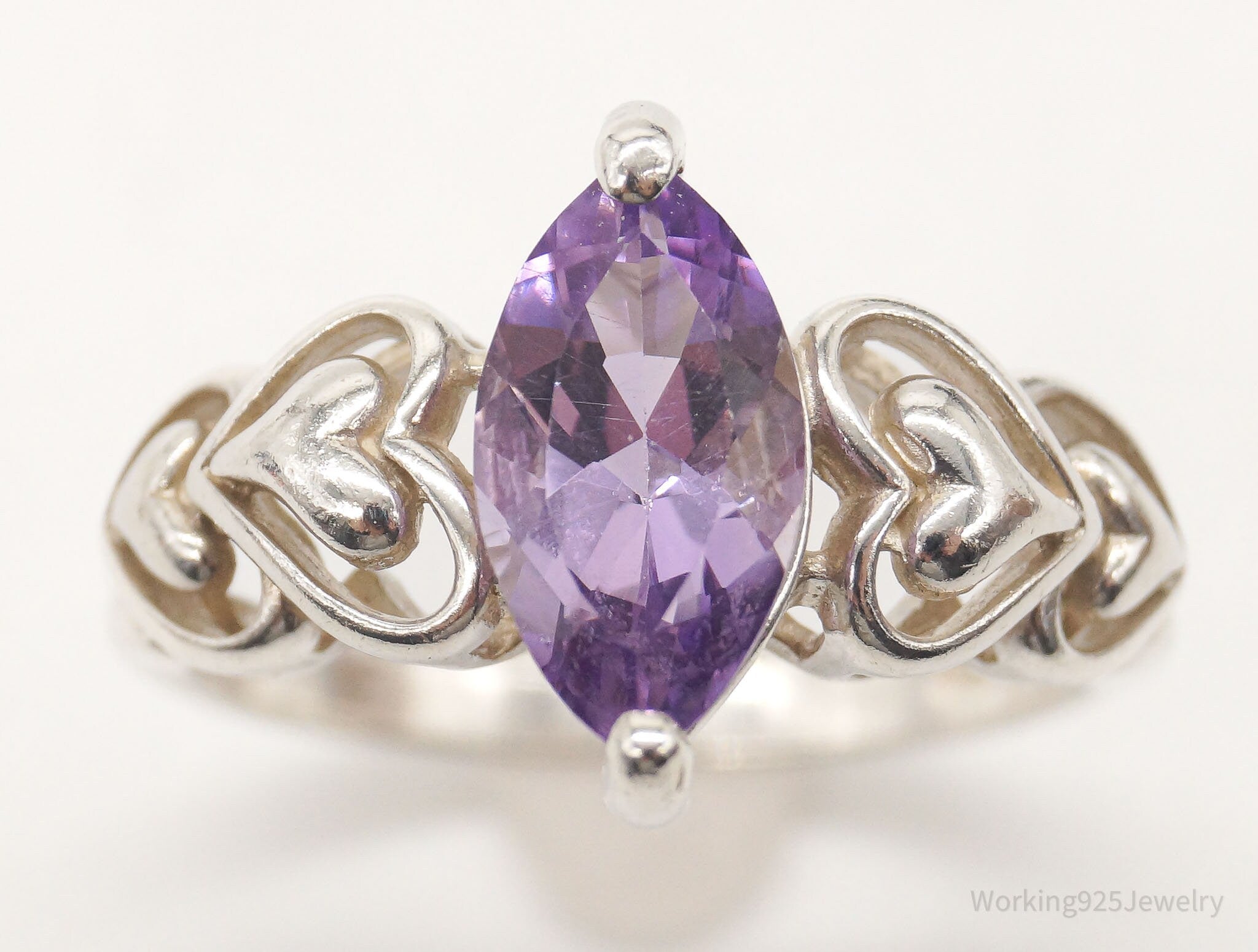 Vintage Amethyst Hearts Sterling Silver Ring - Size 7