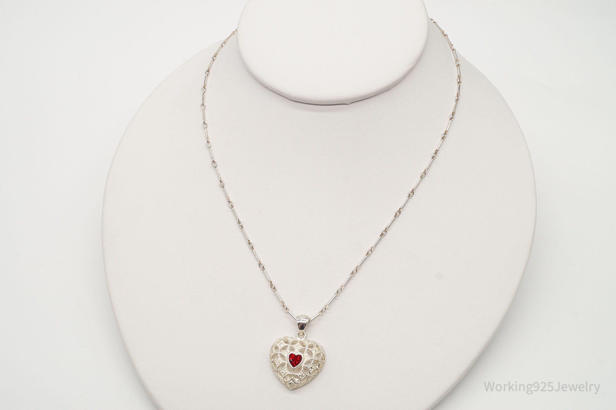 Vintage Avon Garnet Heart Sterling Silver Necklace