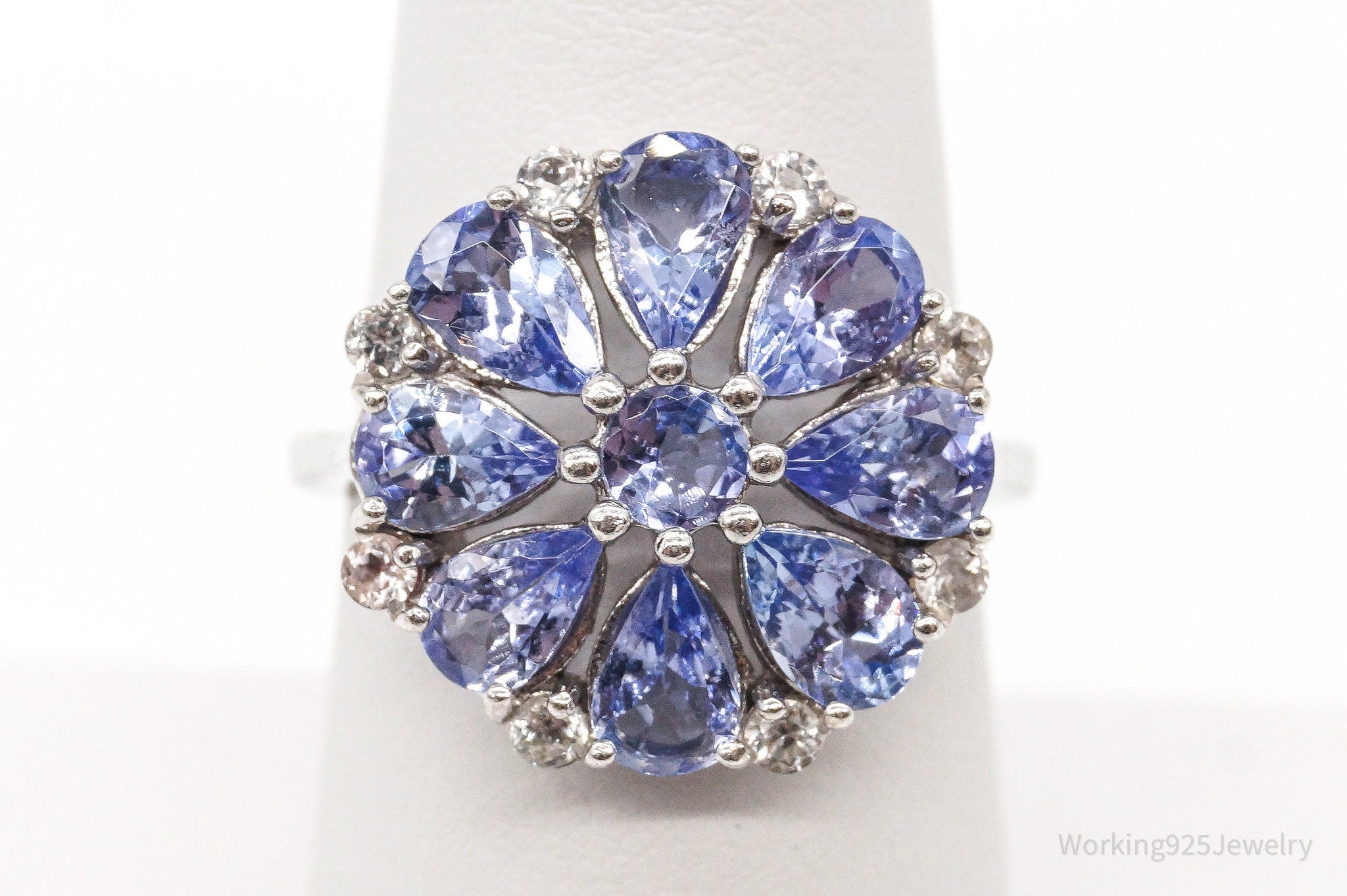 Iolite Cubic Zirconia Flower Sterling Silver Ring Size 7