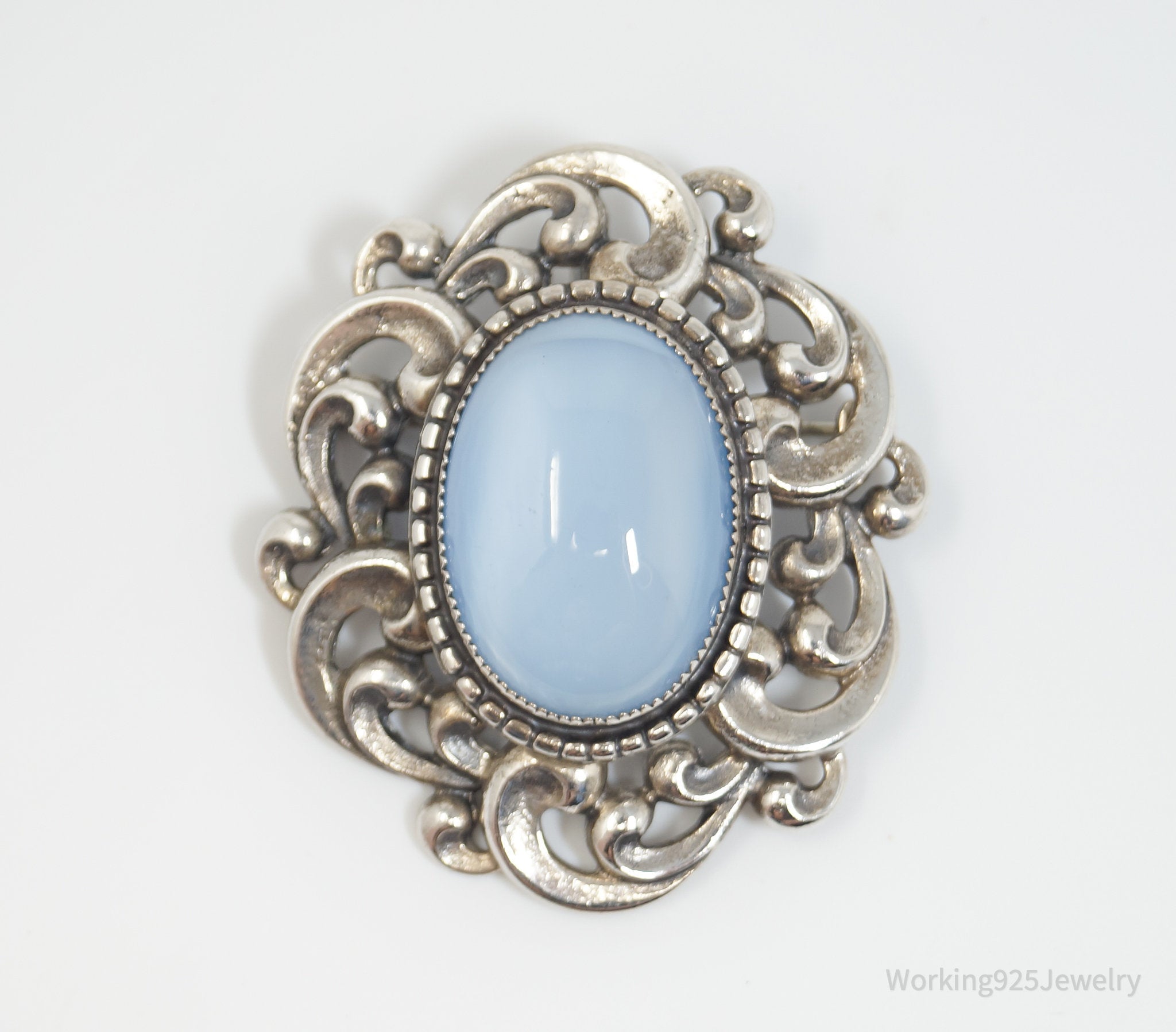 Vintage 1950s Danecraft Blue Opalite Stone Sterling Silver Pendant Pin Brooch