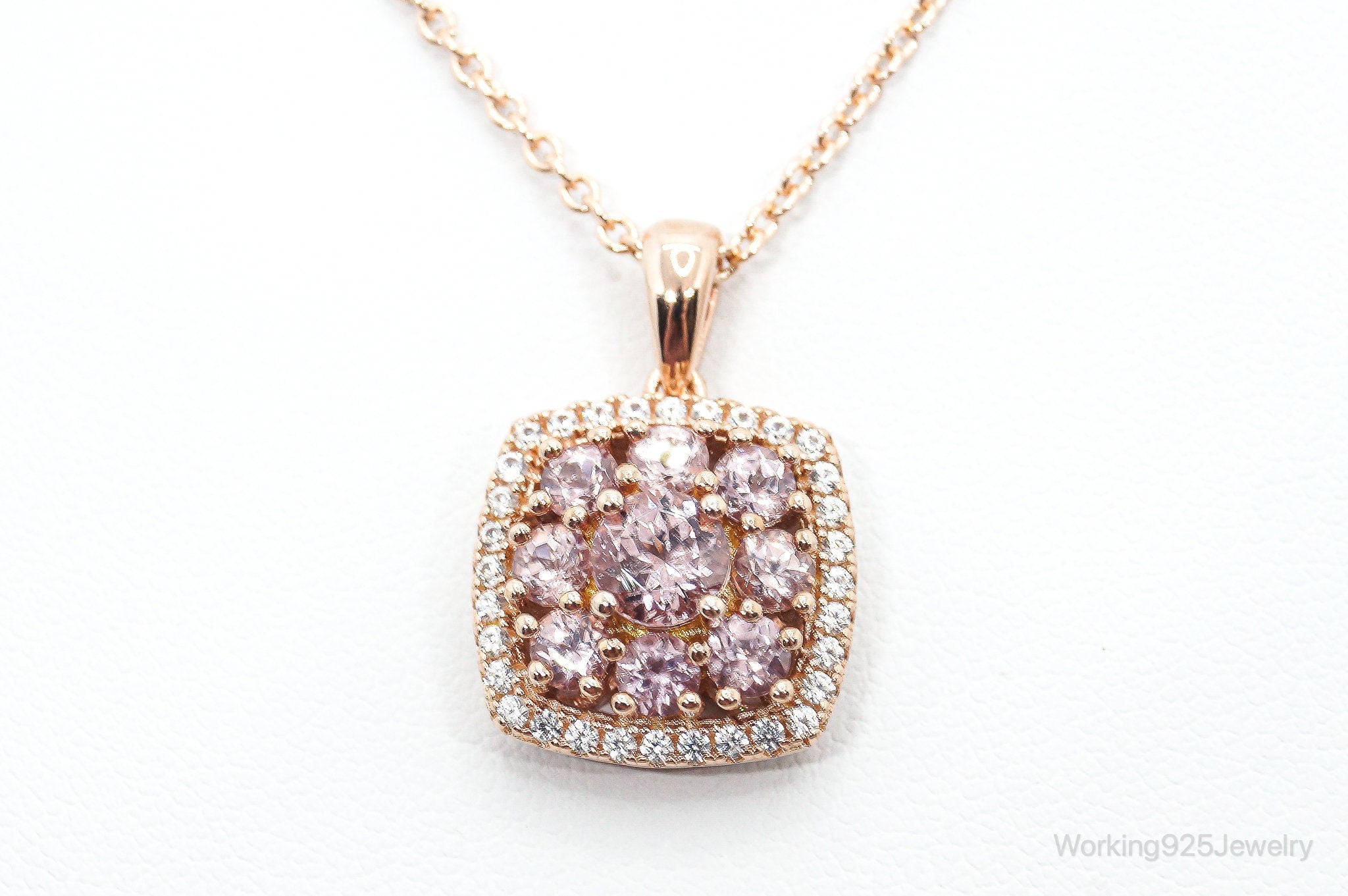 Designer DK White & Pink CZ Rose Gold Vermeil Sterling Silver Necklace