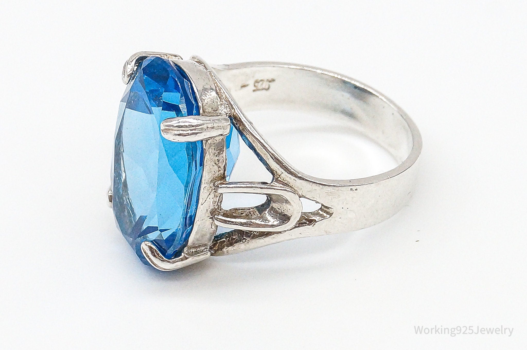 Large Blue Glass Sterling Silver Statement Ring Size 6.75