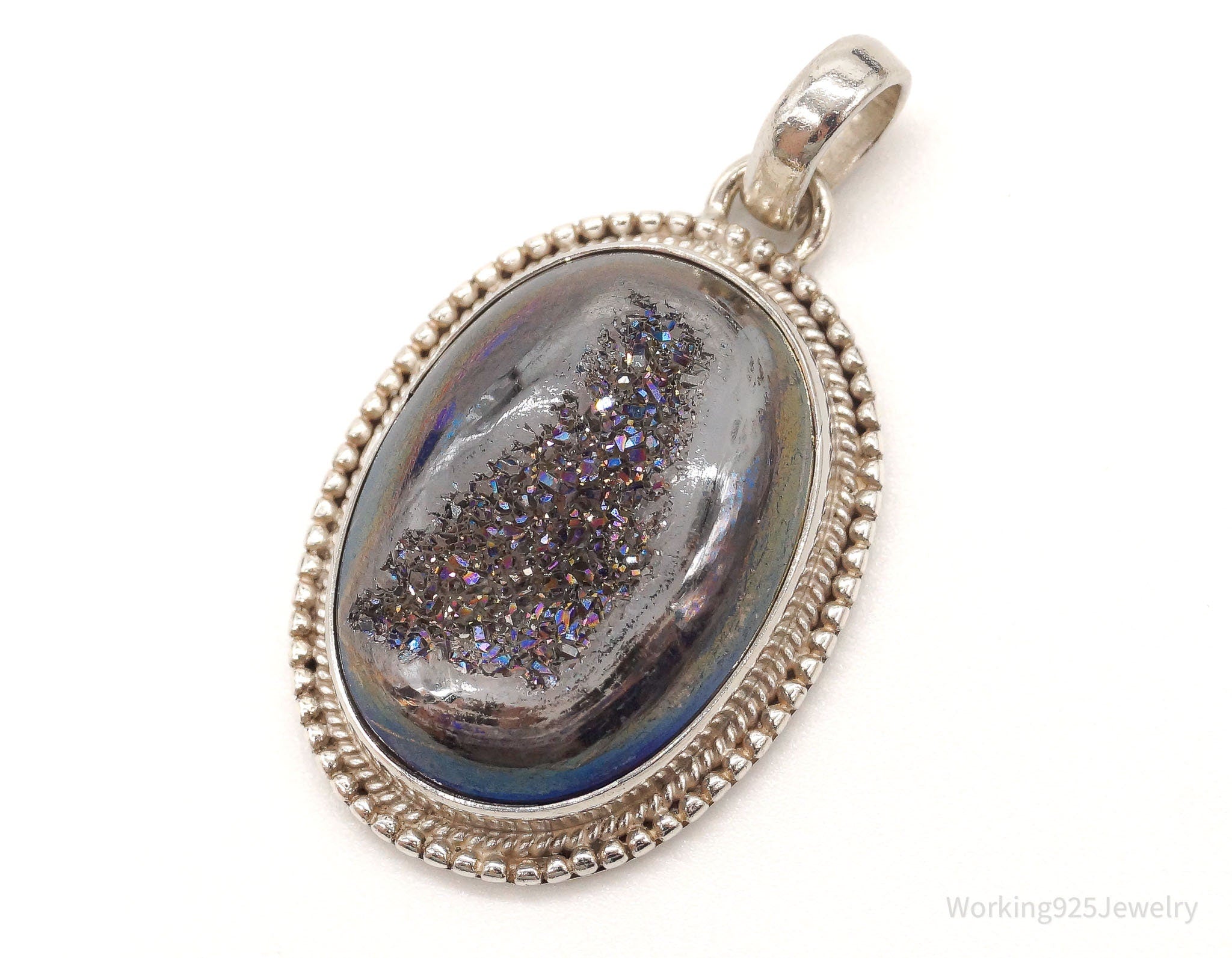 Vintage Large Druzy Quartz Sterling Silver Necklace Pendant