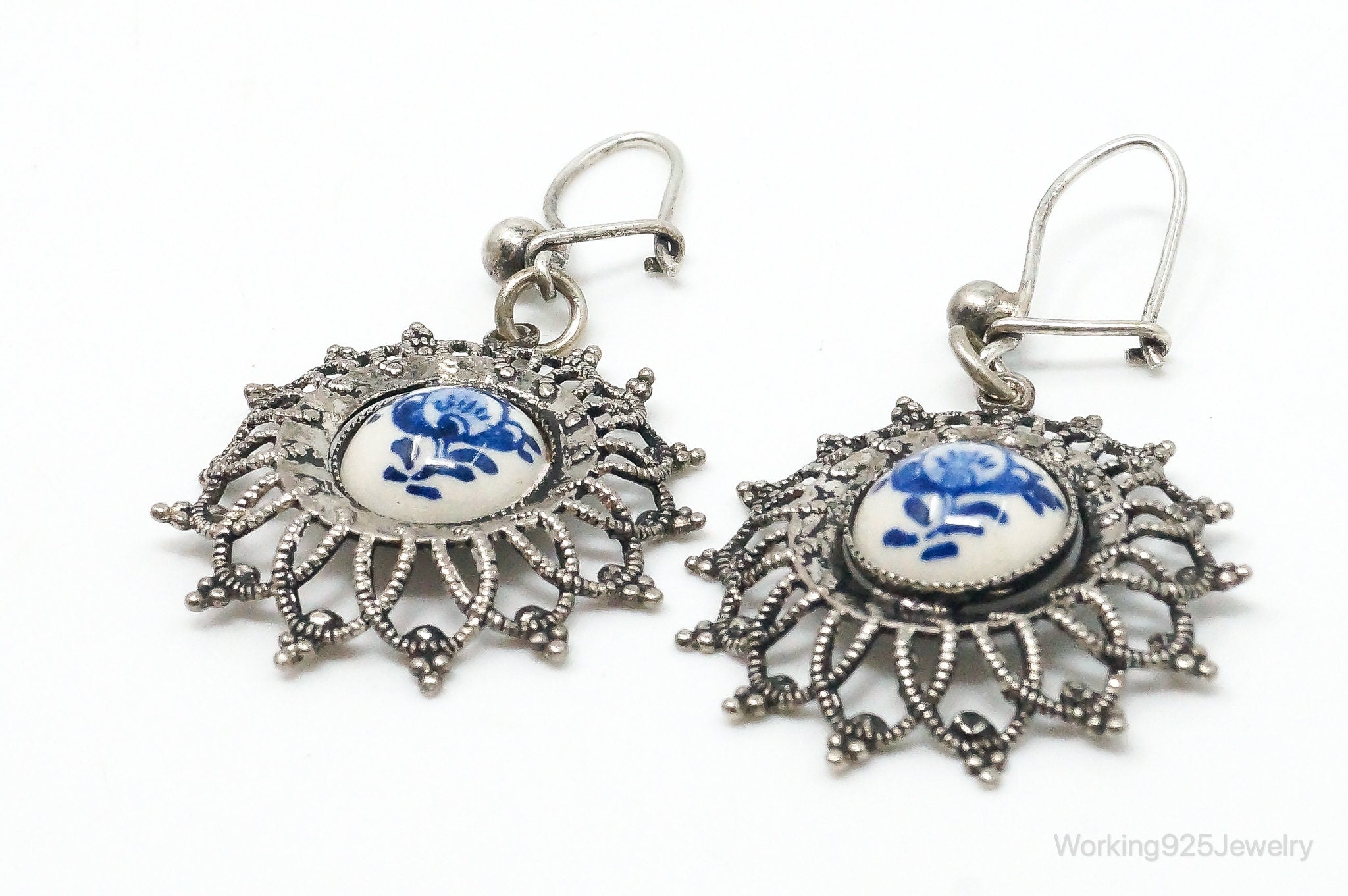 Antique Blue And White Porcelain Floral Pattern Silver Earrings