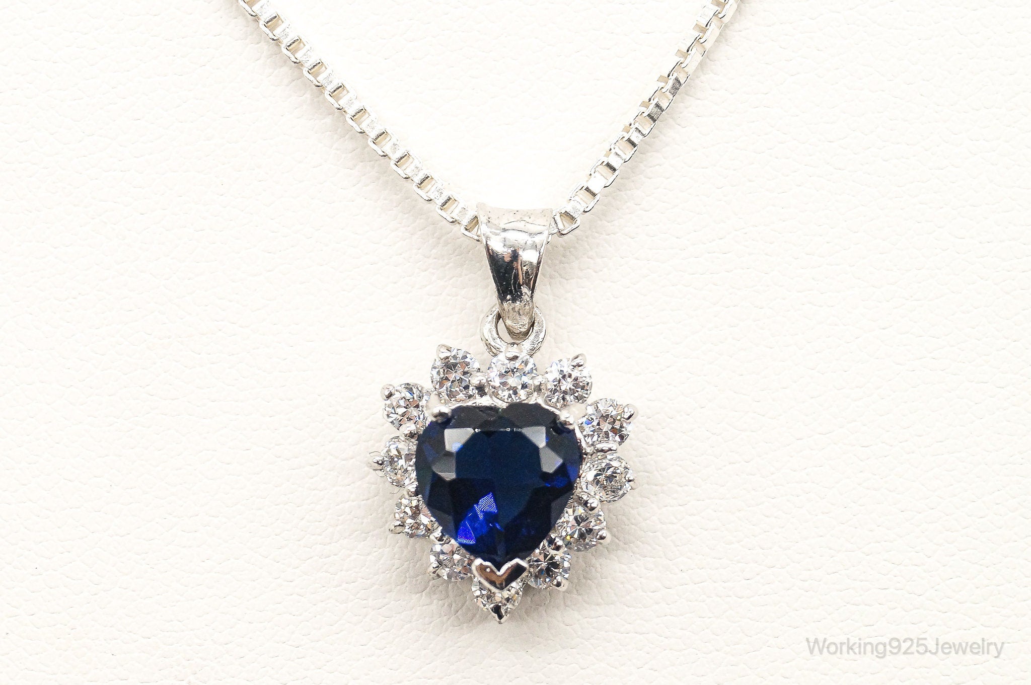 Blue Lab Sapphire Cubic Zirconia Heart Sterling Silver Necklace