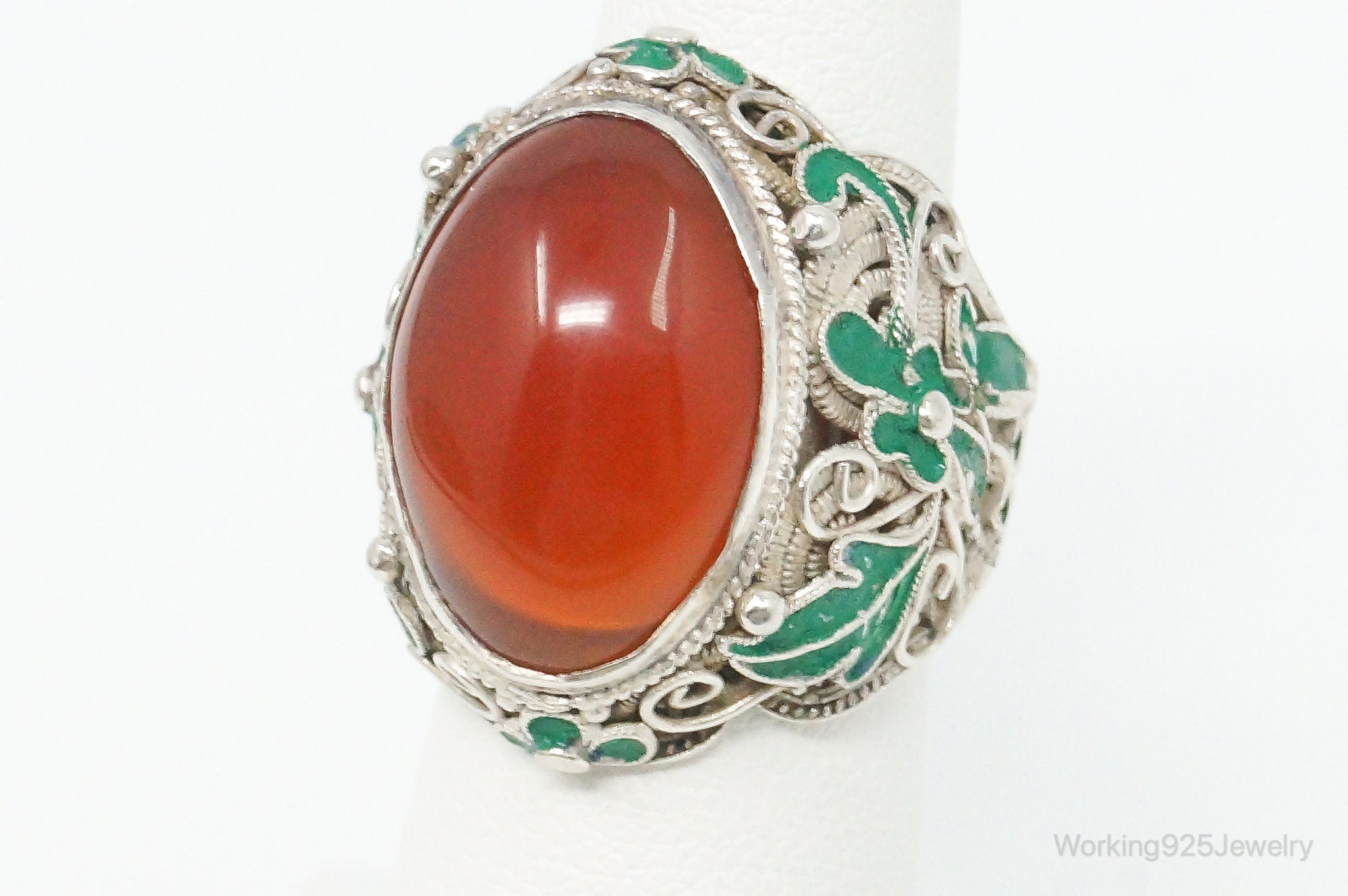 Vintage Large Carnelian Enamel Filigree Silver Ring - Size 5.25