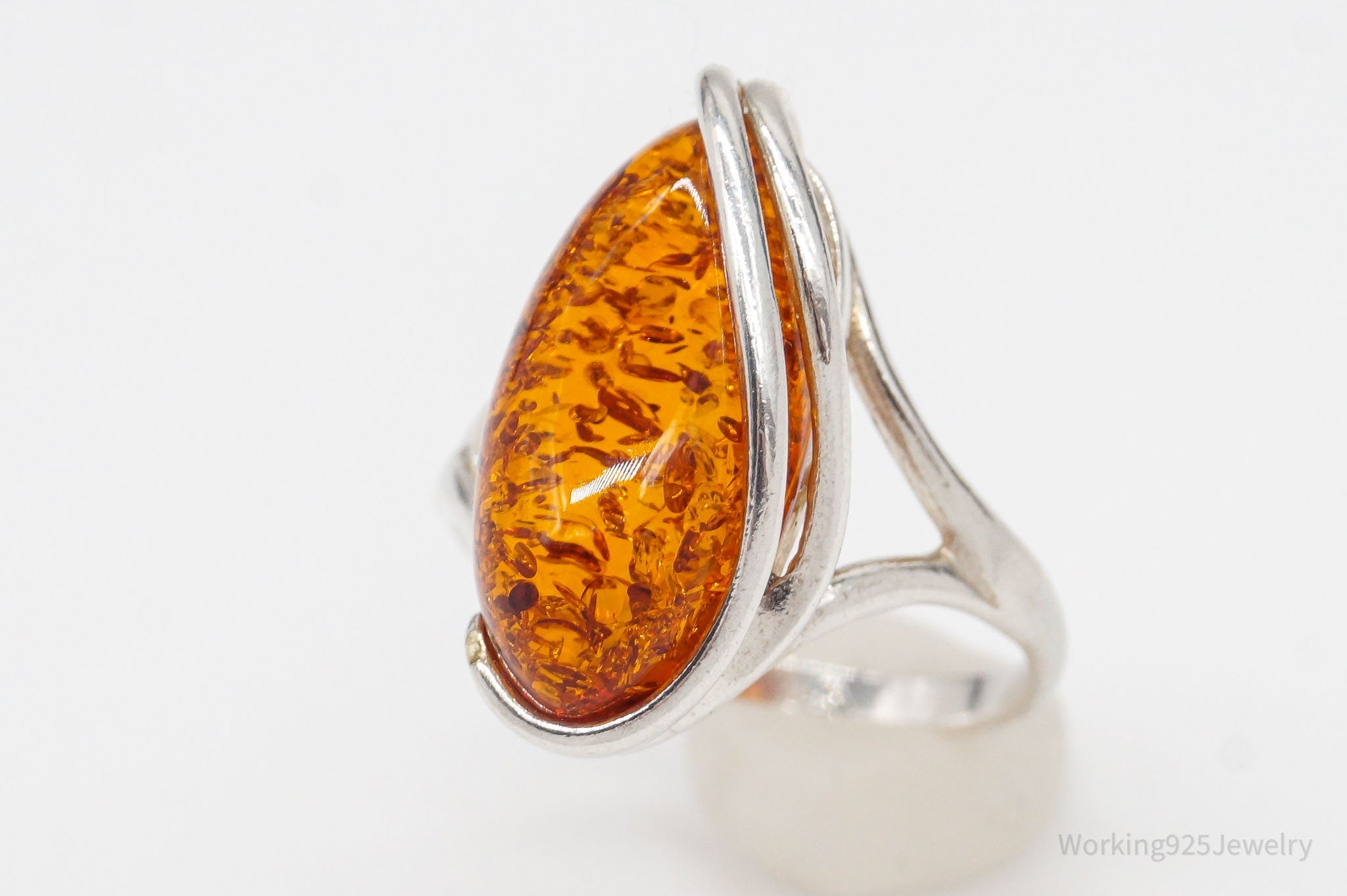 Vintage Amber Modernist Sterling Silver Ring - Size 8.25