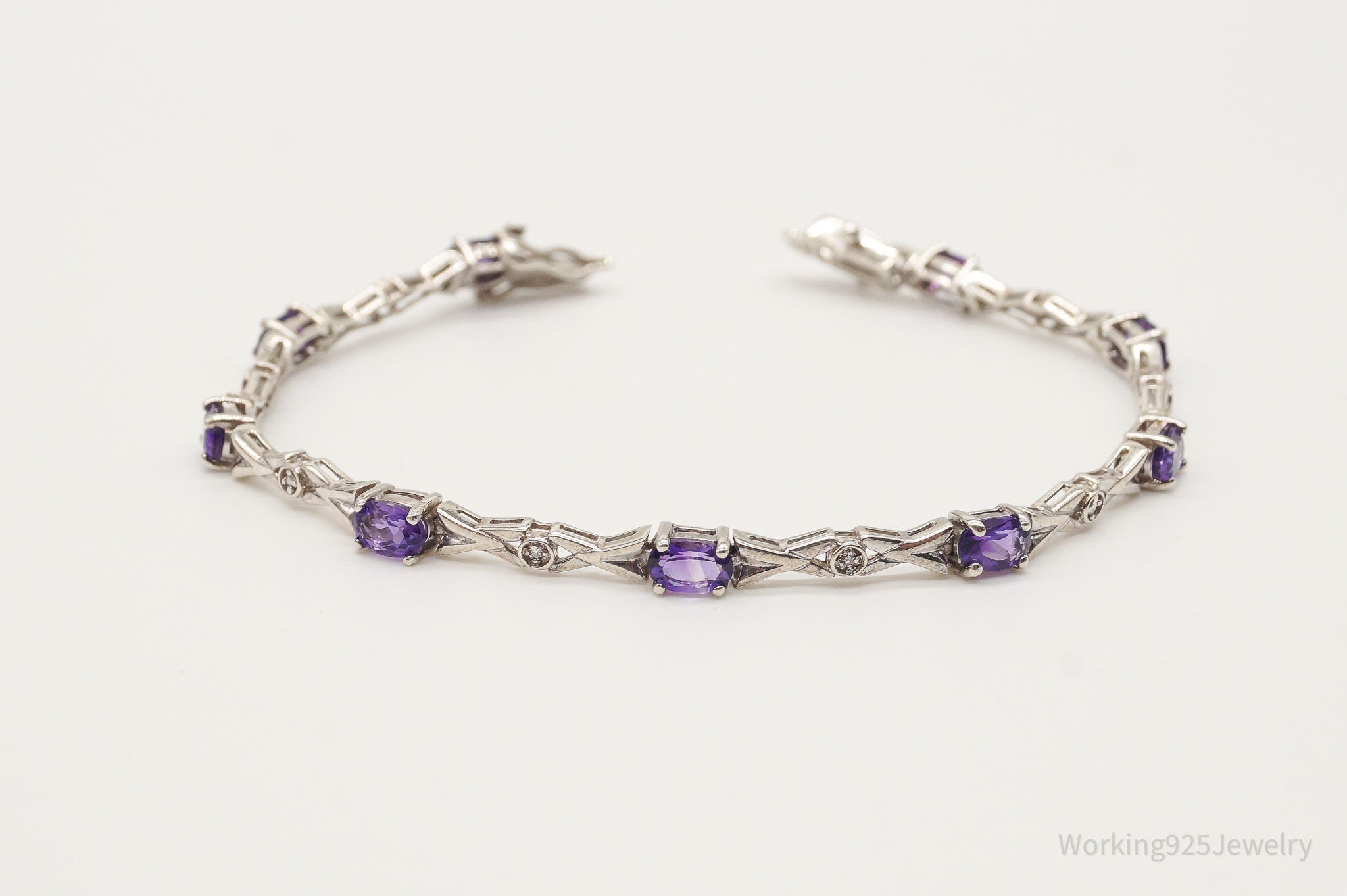 Vintage Amethyst Two Diamonds Sterling Silver Bracelet