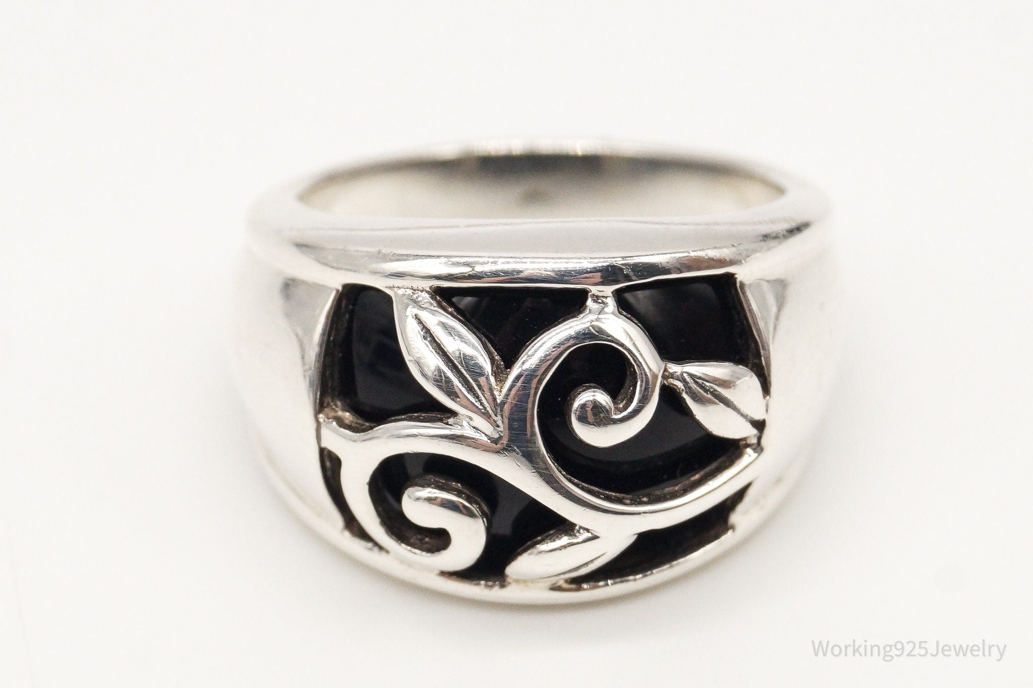 Vintage Black Onyx Vines Sterling Silver Ring - Size 7