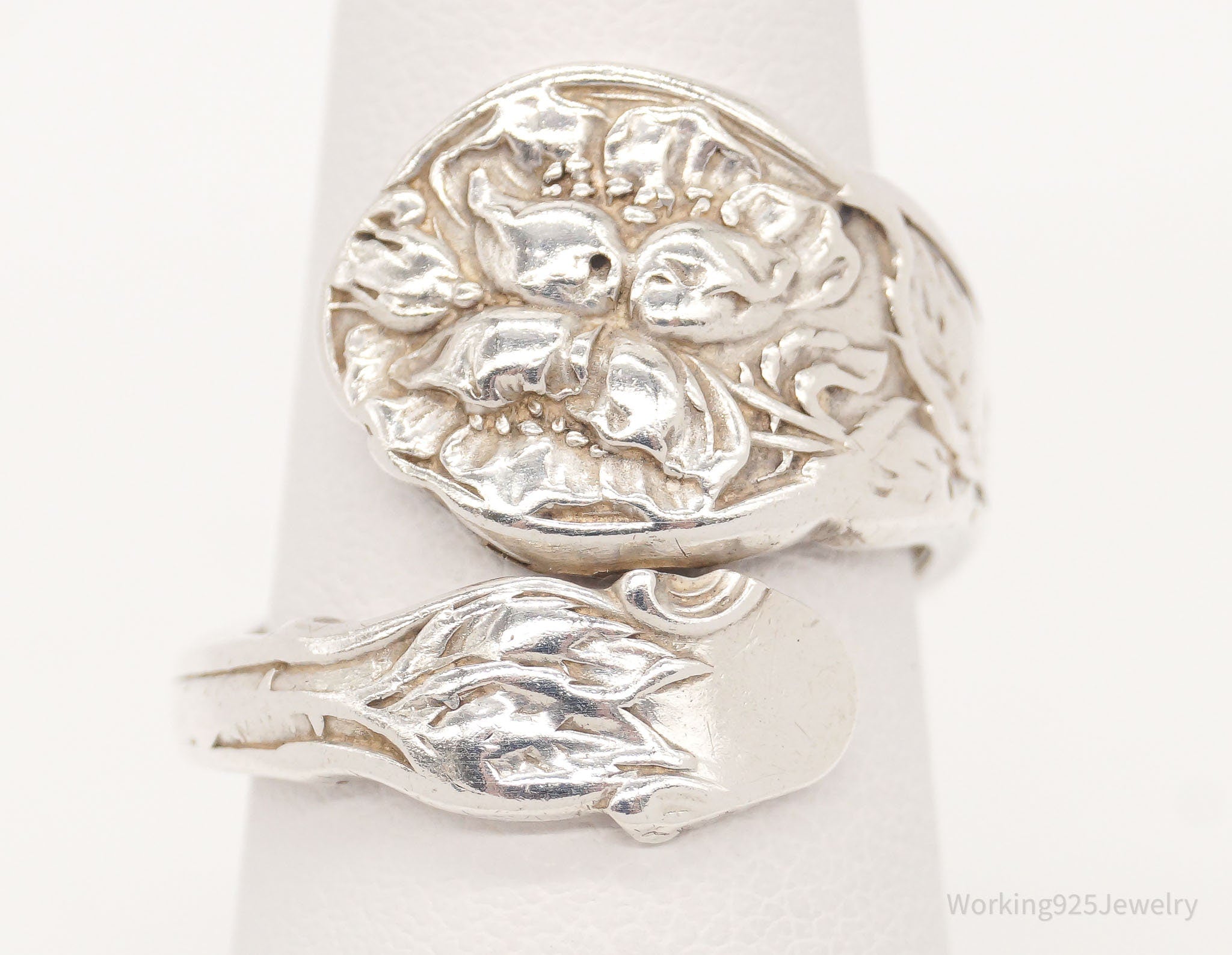 Antique Designer GORHAM Flower Sterling Silver Wrap Spoon Ring - Sz 7 Adjustable