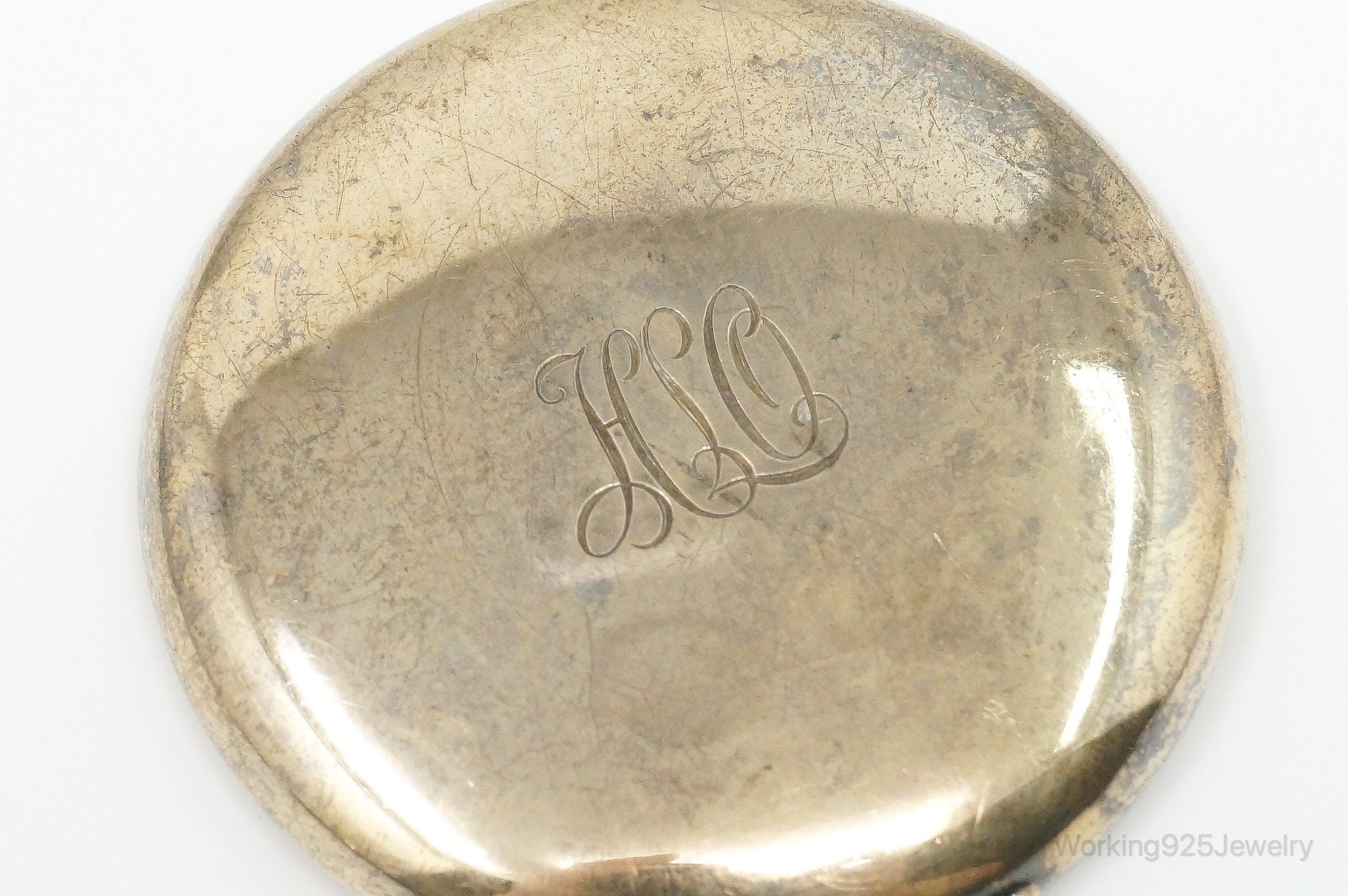 RARE Antique Initials Engraved Gold Wash Sterling Silver Mirror Collectable