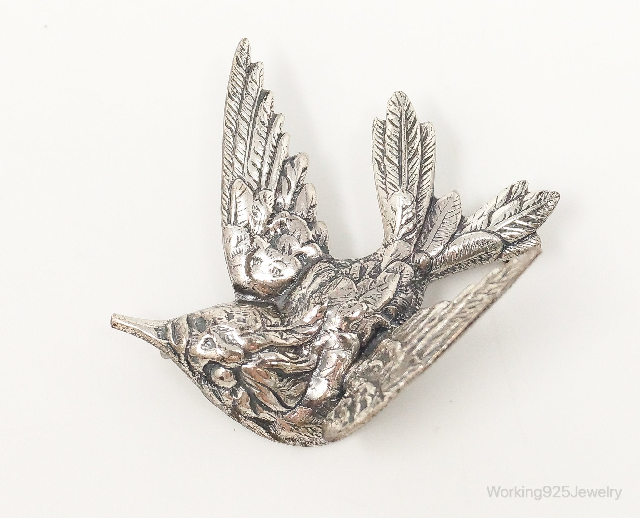 Vintage Designer JewelArt Humming Bird Sterling Silver Brooch Pin