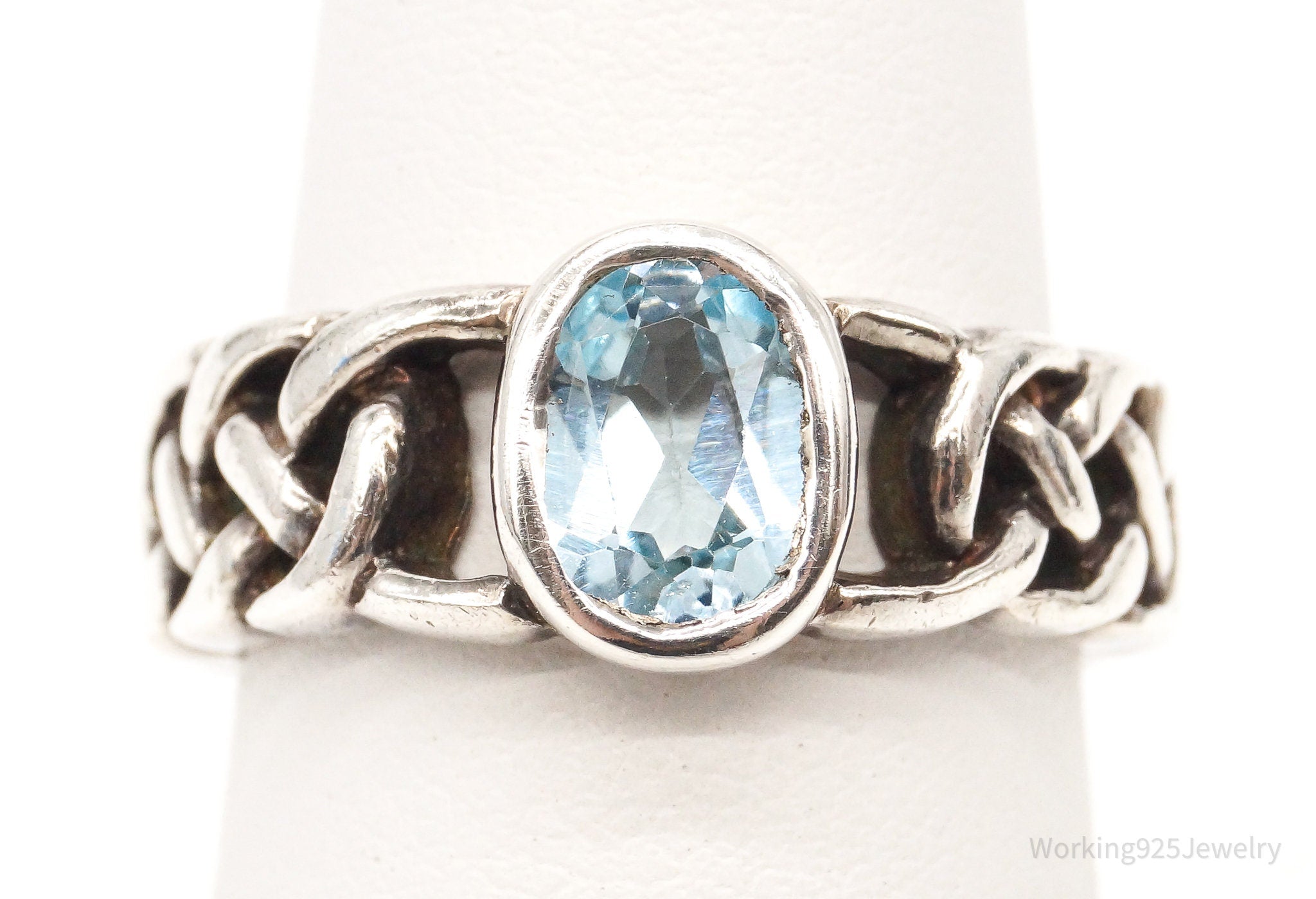 Vintage Blue Topaz Celtic Knot Sterling Silver Ring - Size 5.75