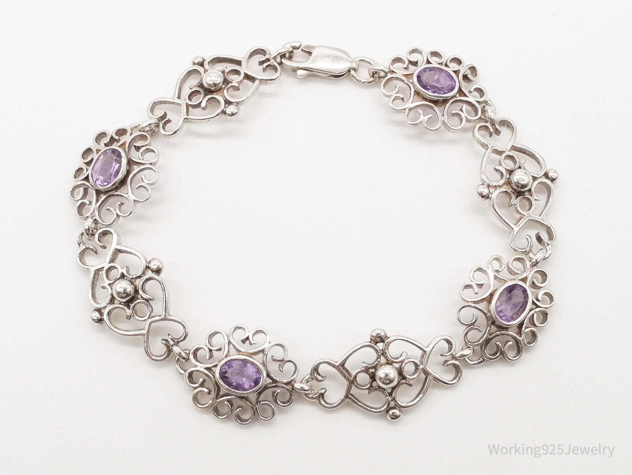 Vintage Amethyst Filigree Sterling Silver Bracelet