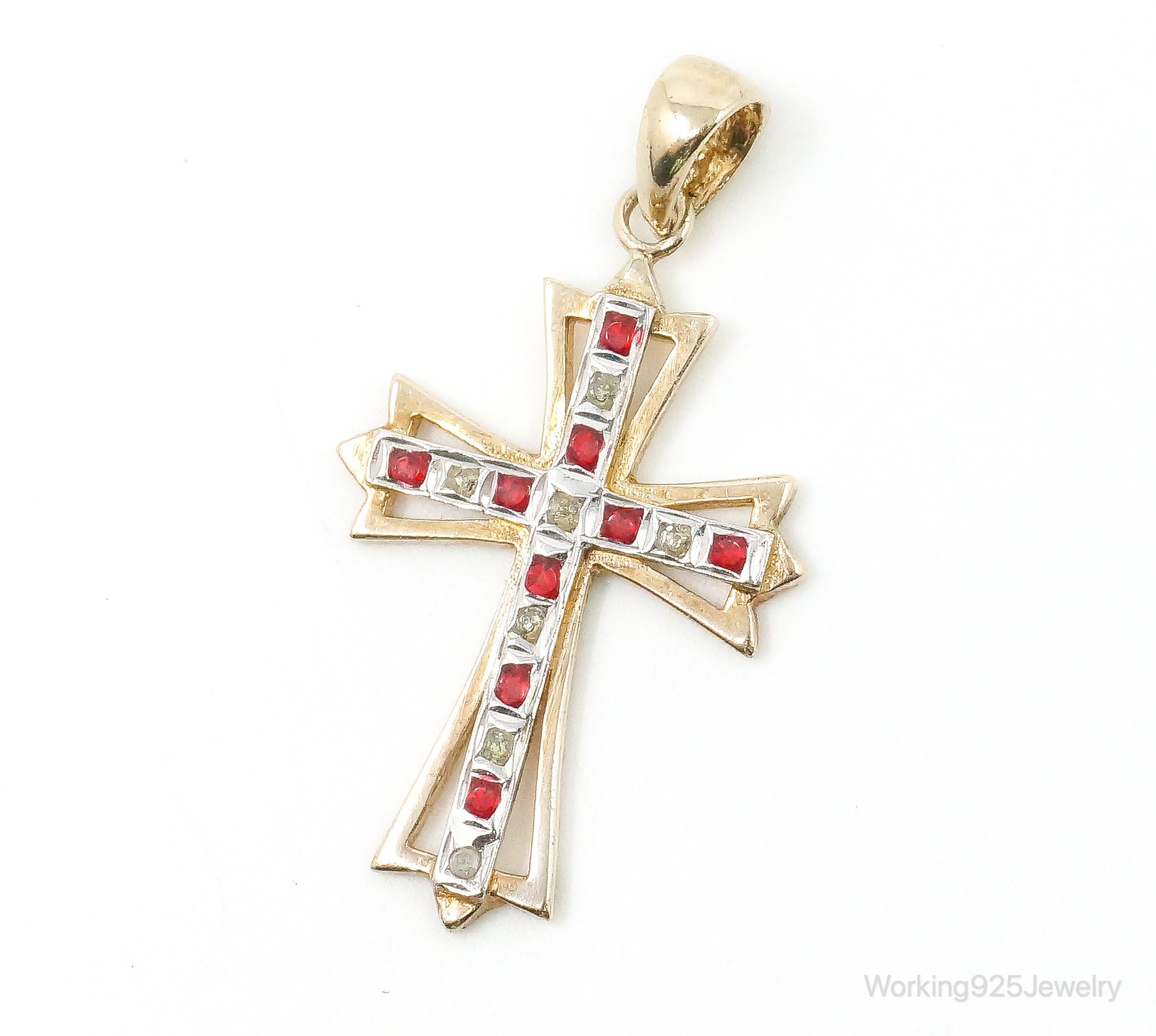 Vintage Designer SLC Ruby Rhinestone Gold Vermeil Cross Sterling Silver Pendant