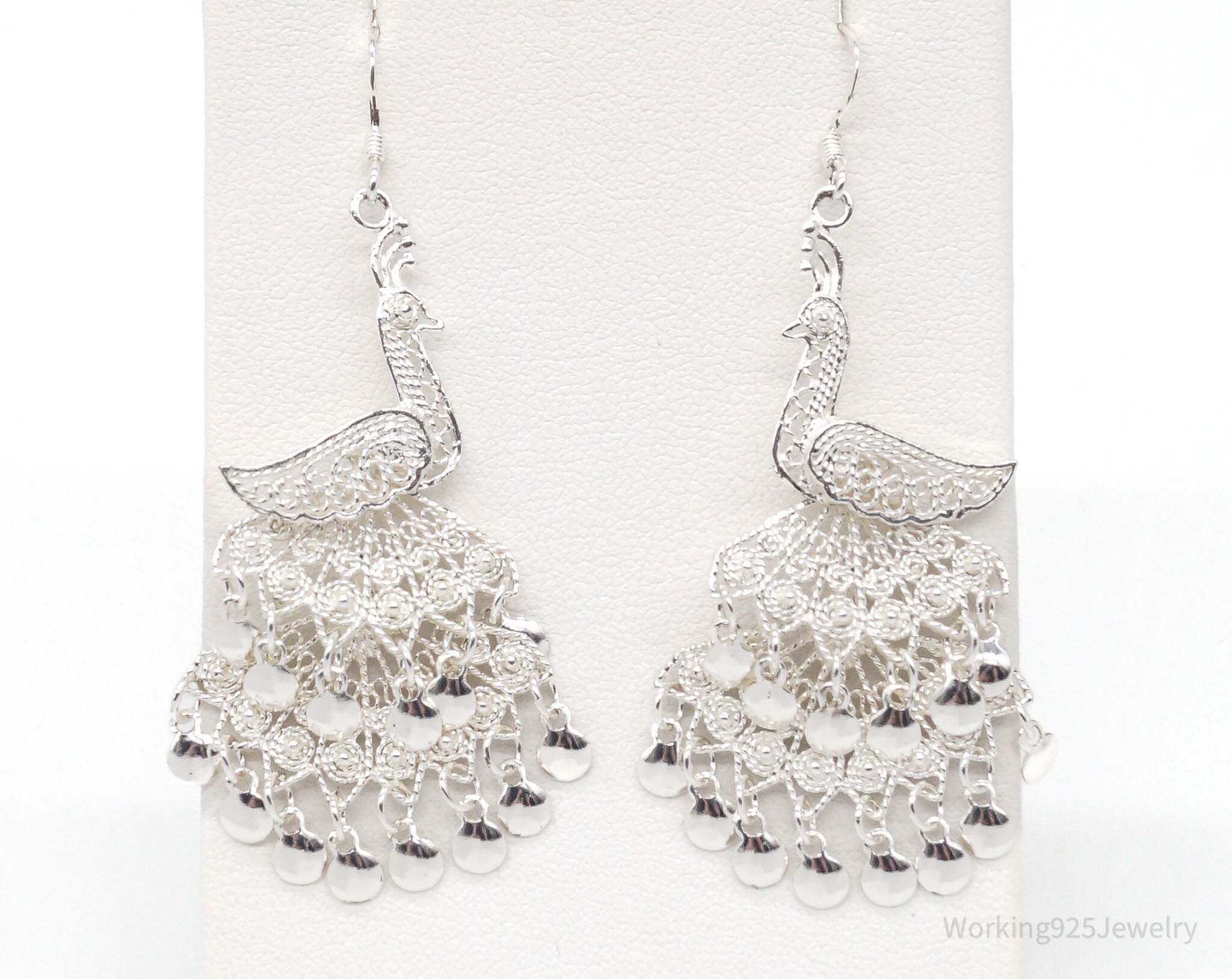 Vintage Filigree Peacock Chandelier Sterling Silver Earrings