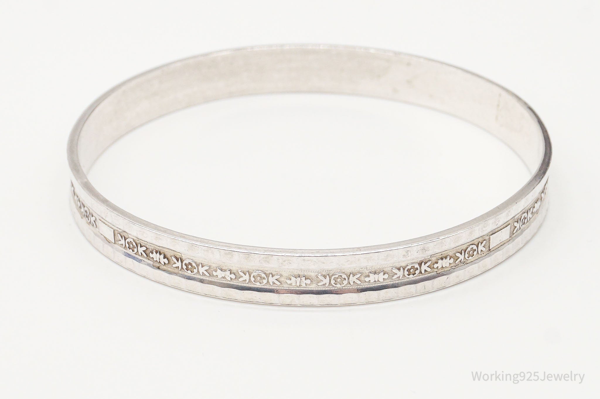 Antique Venetian Floral Style Sterling Silver Bangle Bracelet