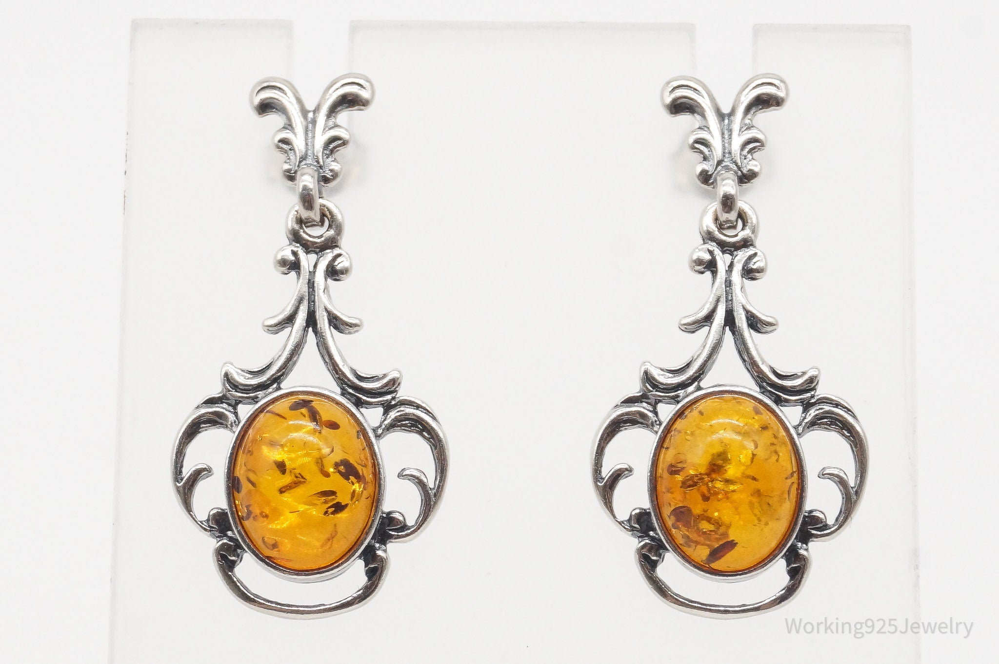 Vintage Amber Modernist Sterling Silver Earrings