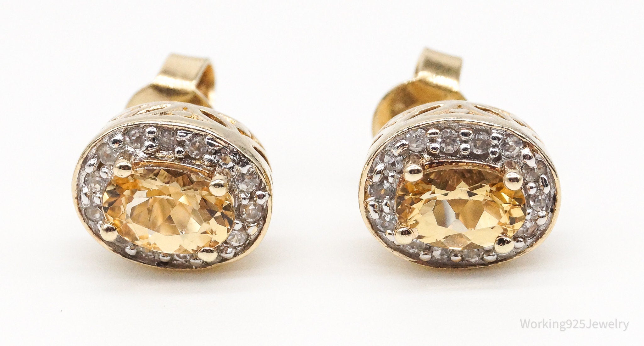 Vintage Citrine Cubic Zirconia Yellow Gold Sterling Silver Earrings