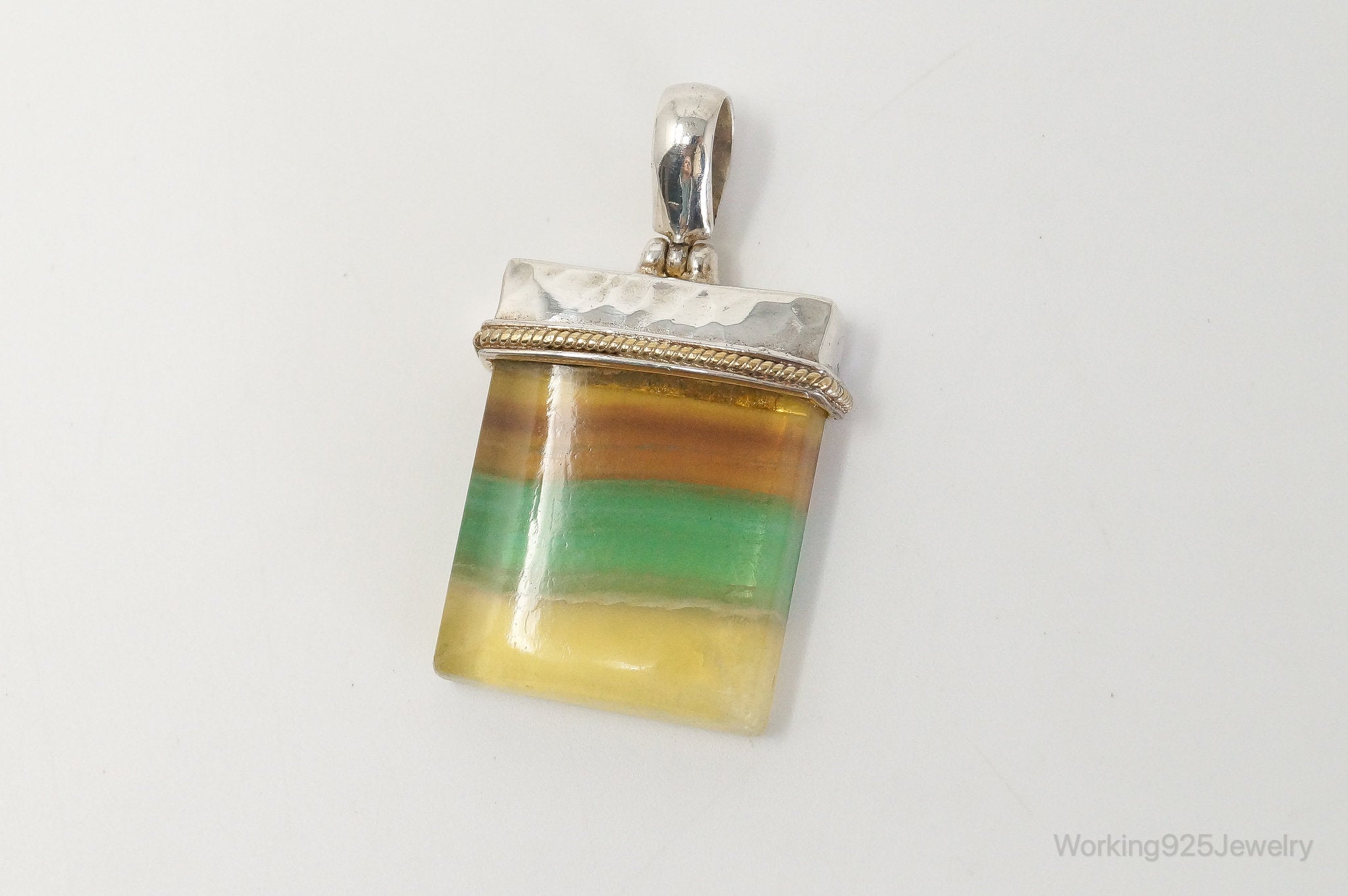 Large Green Yellow Brown Gemstone Gold Vermeil Sterling Silver Pendant