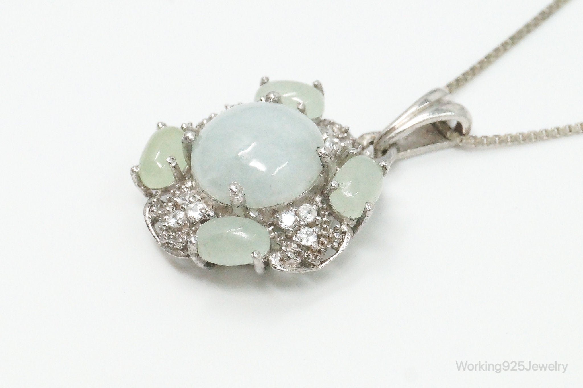 Vintage Jade Prehnite Cubic Zirconia Sterling Silver Necklace