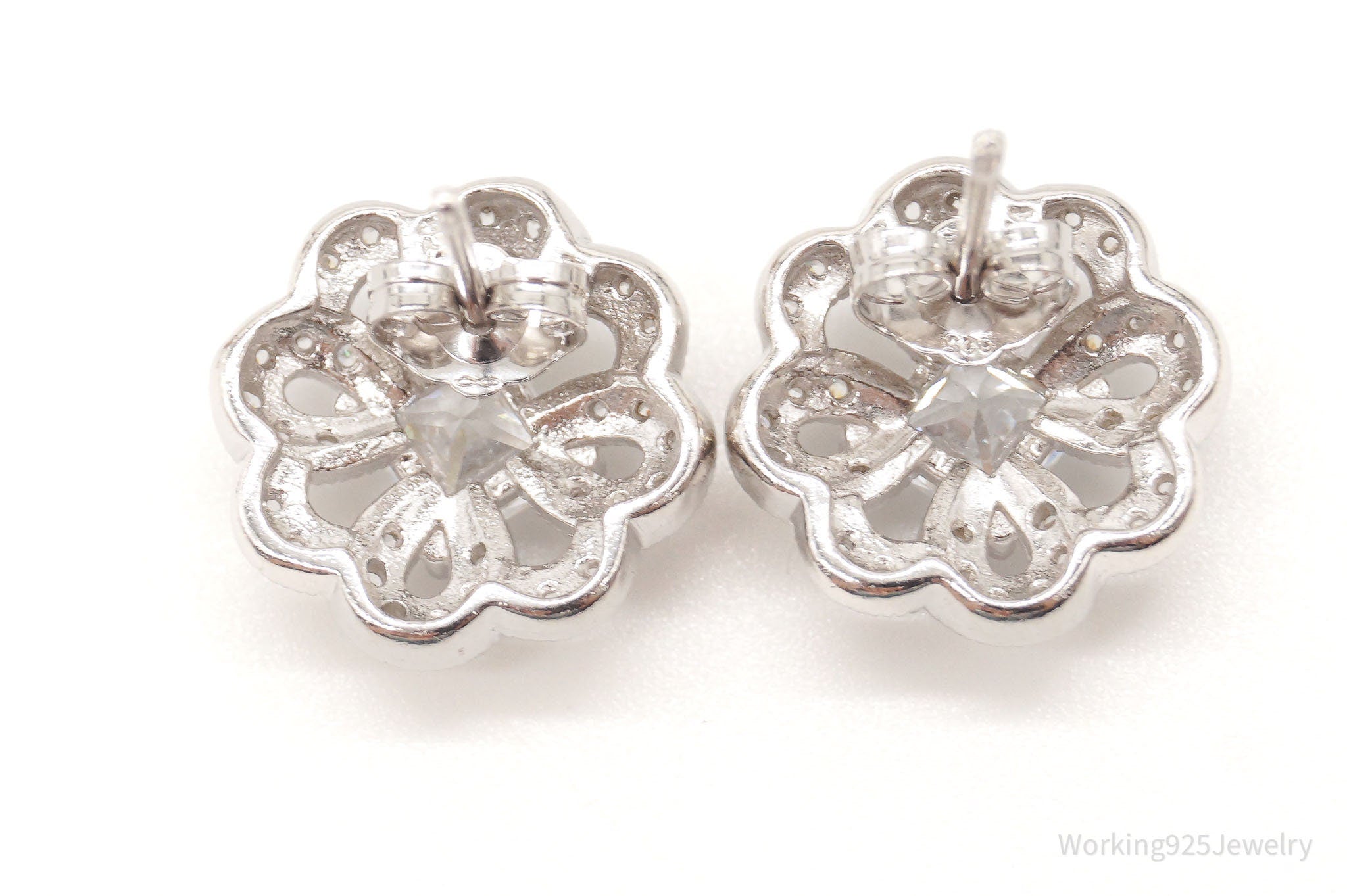 Vintage Art Deco Cubic Zirconia Flowers Sterling Silver Stud Post Earrings