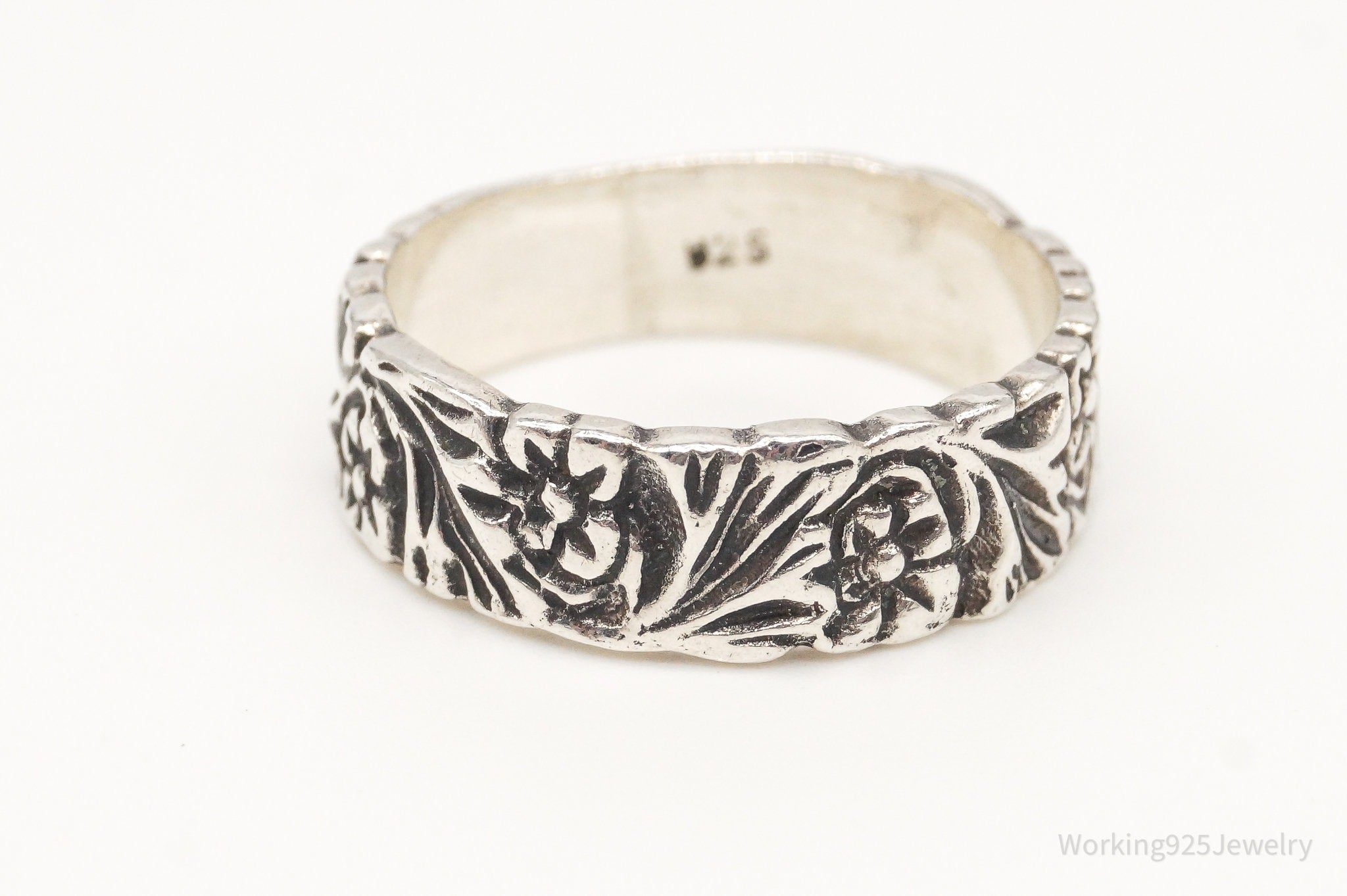 Vintage Flowers Sterling Silver Band Ring - Size 7.5