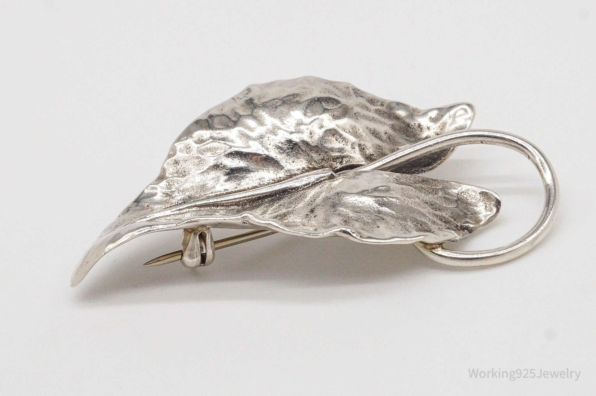 Large Antique Sterling Silver Leaf Pin Brooch