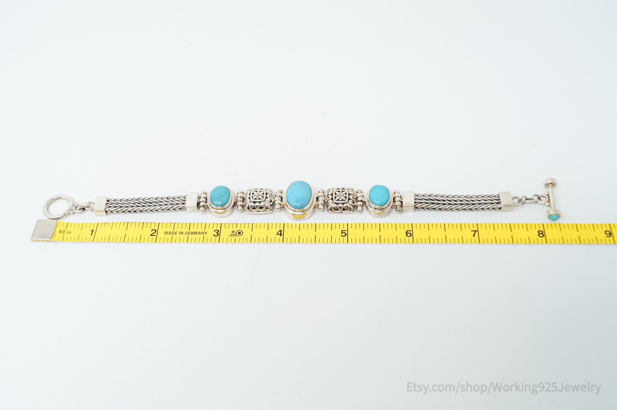 Vintage Blue Turquoise Sterling Silver Southwestern Bali Toggle Bracelet