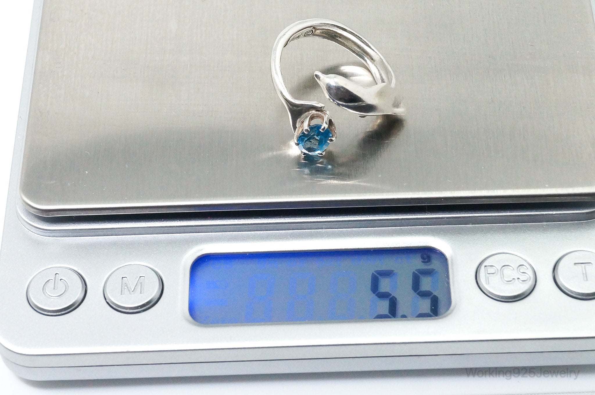 Vintage Blue Topaz Dolphin Sterling Silver Wrap Ring - Size 7.75