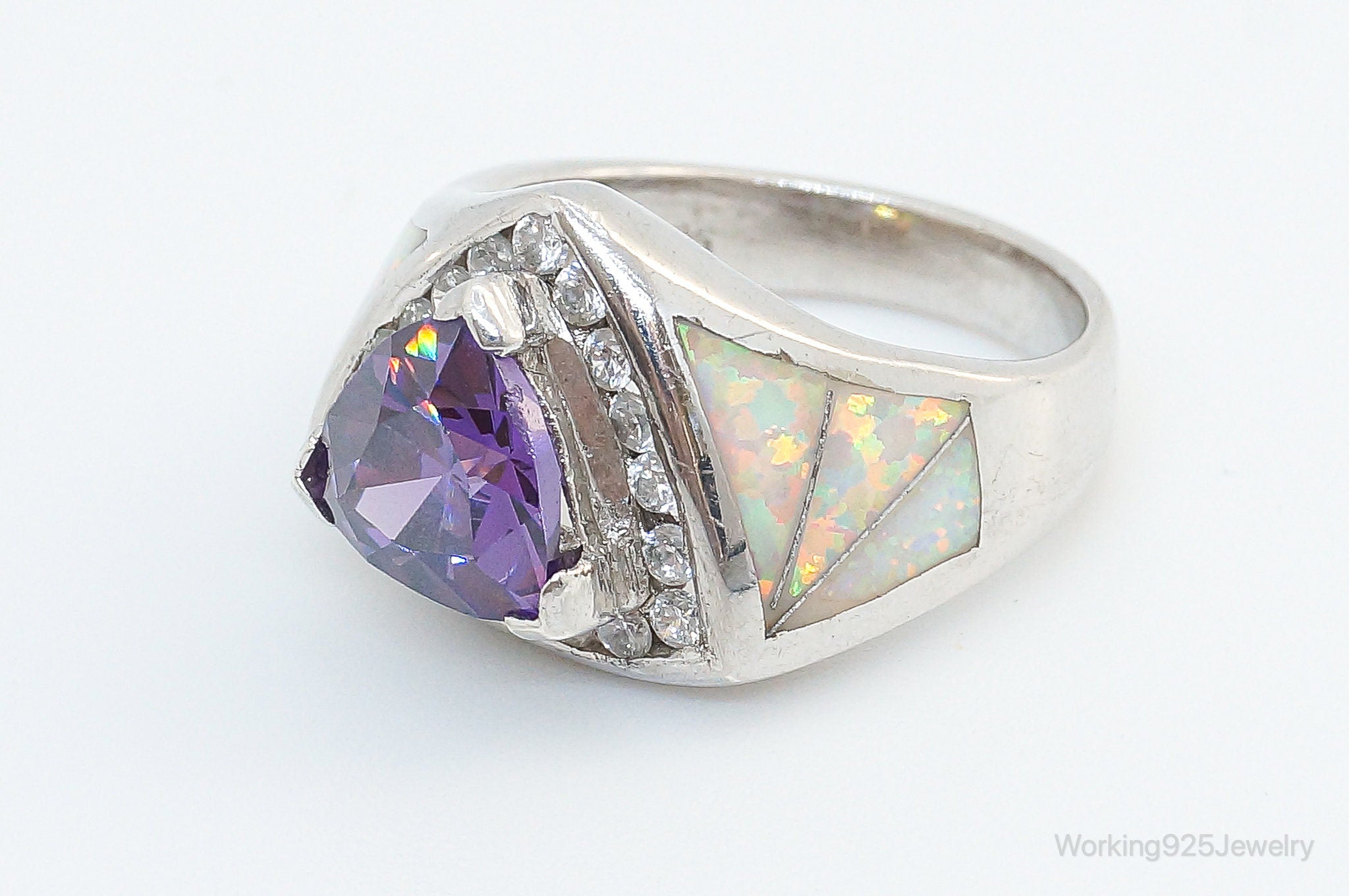 Art Deco Amethyst Opal Cubic Zirconia Sterling Silver Ring - Size 7.5