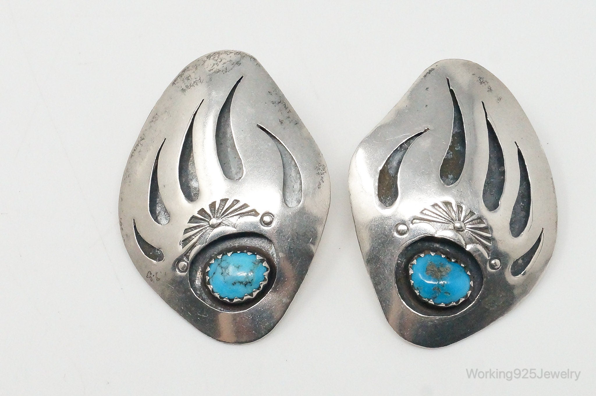 Large Vintage Native American Turquoise Sterling Silver Earrings