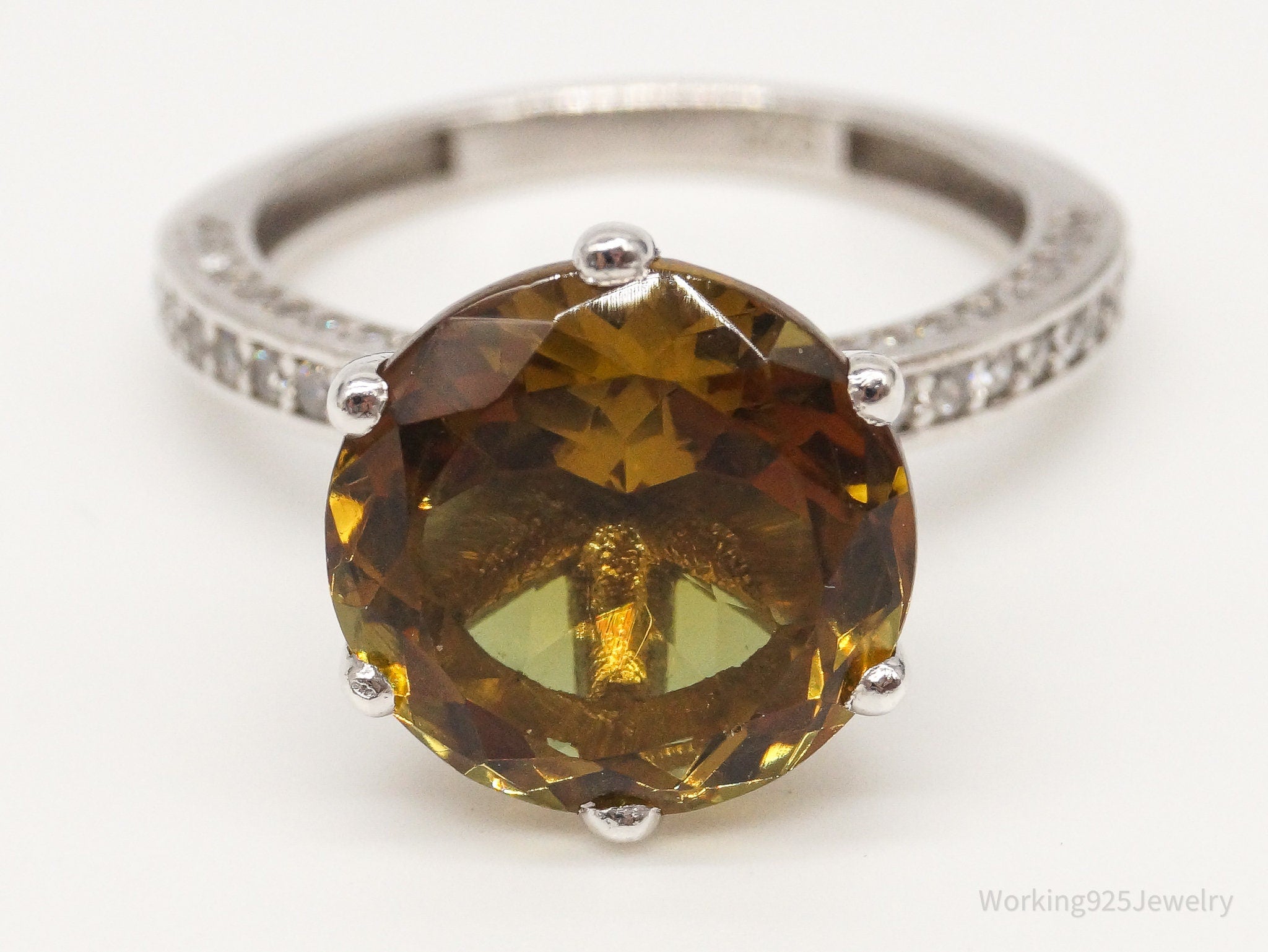 Vintage Large Citrine Cubic Zirconia Sterling Silver Ring Size 7.25