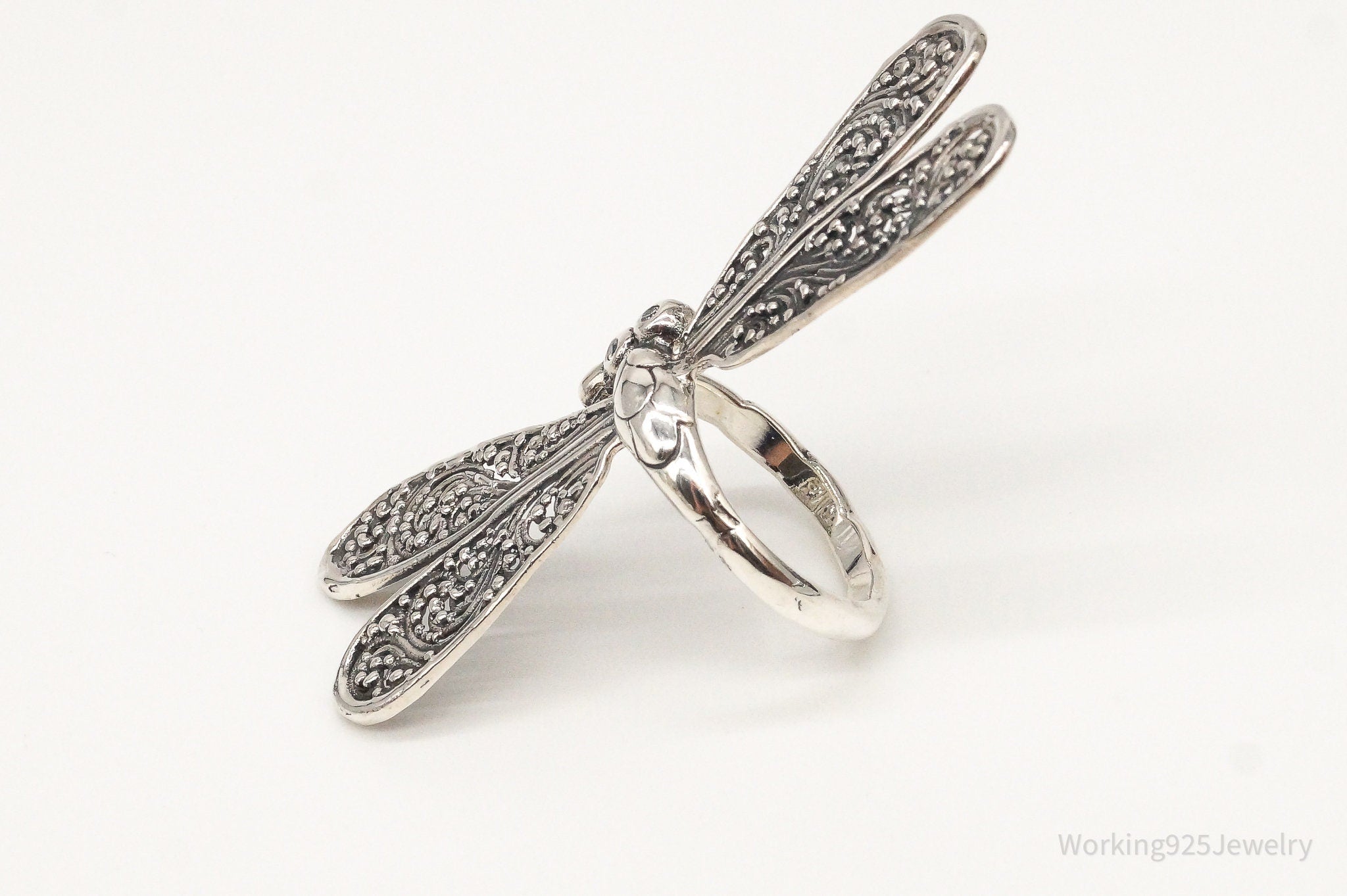 Vintage Cubic Zirconia Large Dragonfly Sterling Silver Ring - Size 7