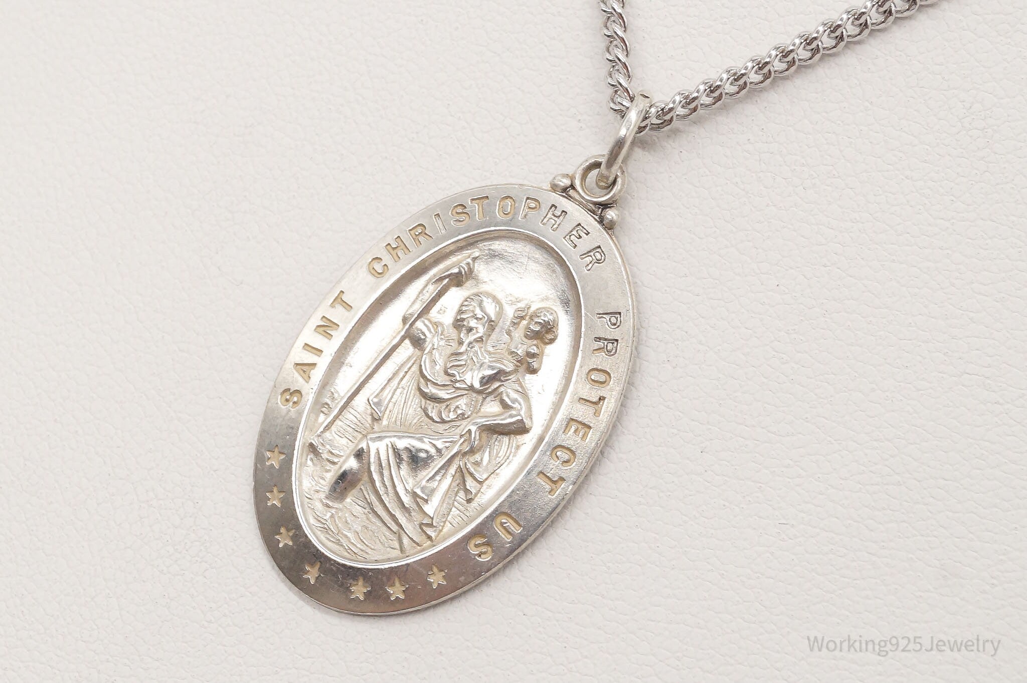 Antique Saint Christopher Protect Us Sterling Silver Pendant on Silver Necklace