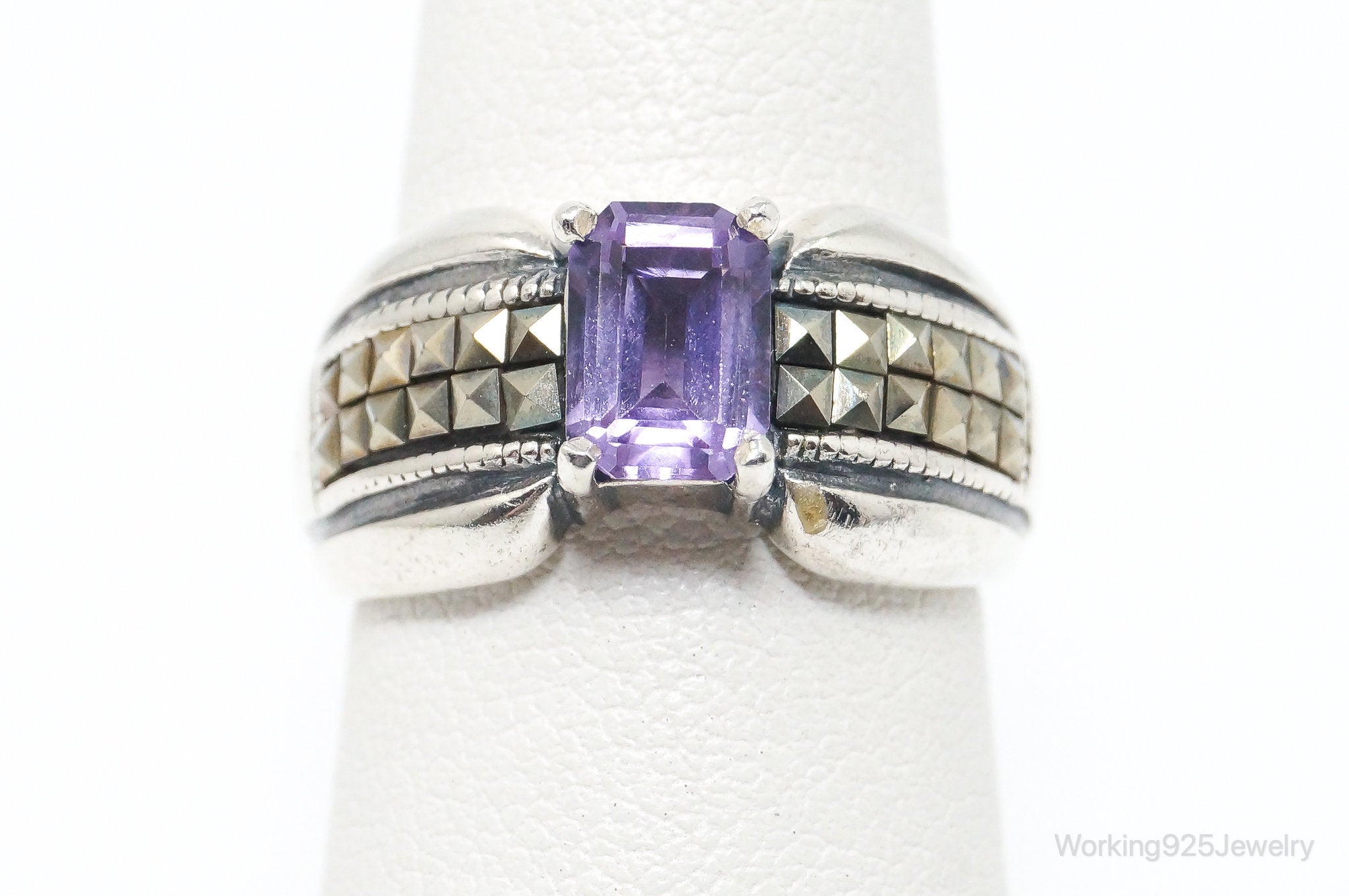 Vintage Art Deco Amethyst Marcasite Sterling Silver Ring - Size 6