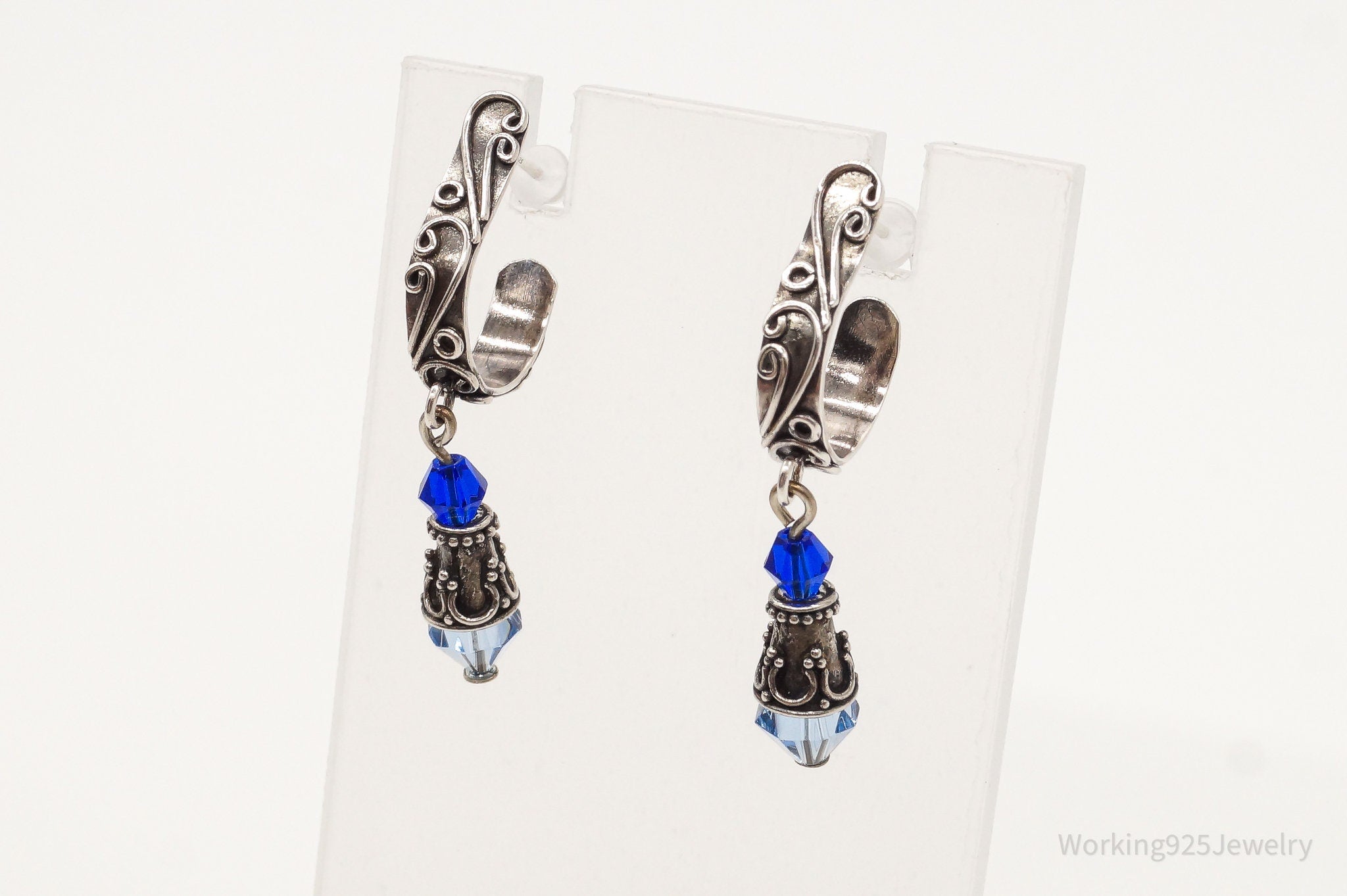 Vintage Bali Inspired Blue Bead Silver Earrings