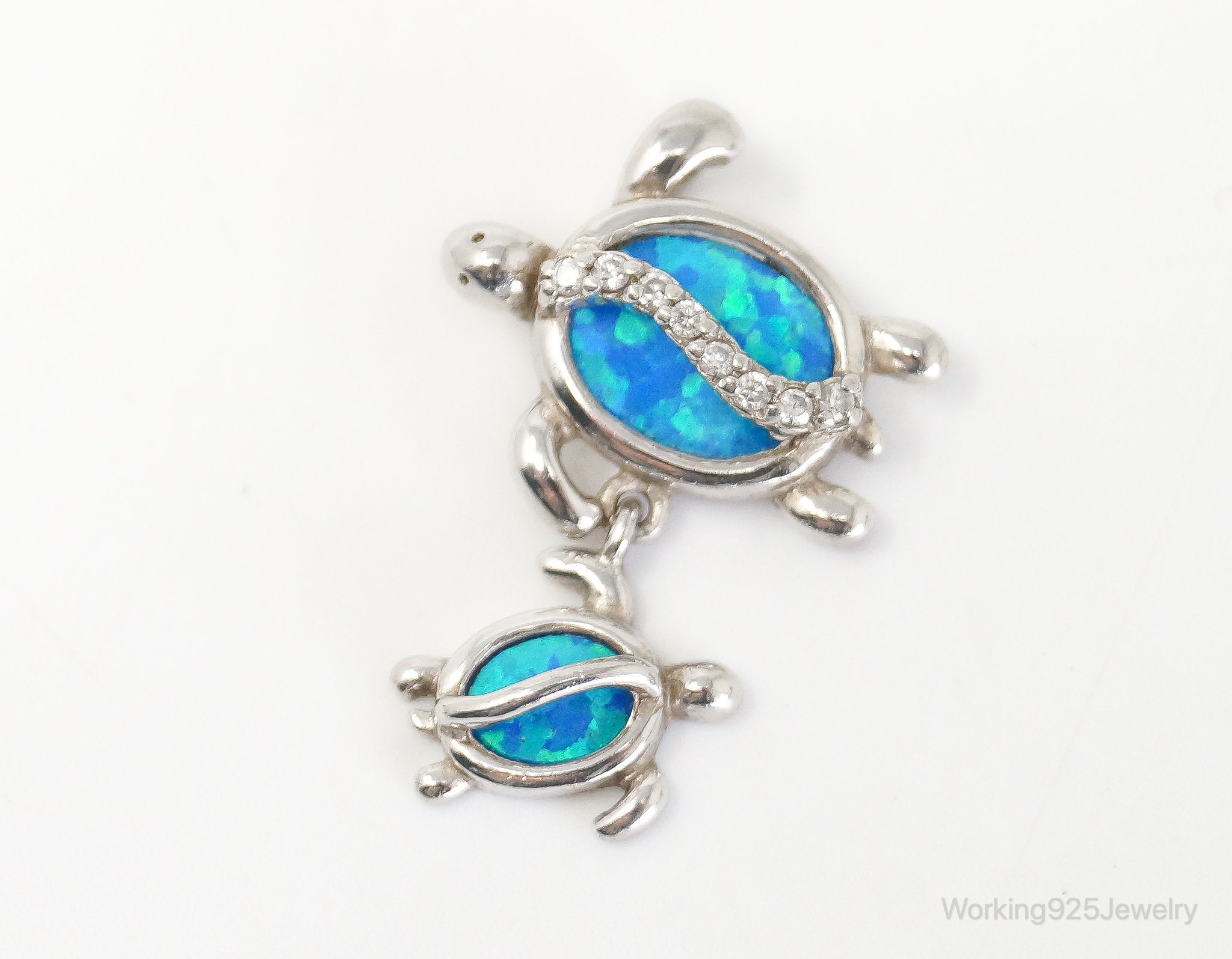 Vintage Blue Fire Opal Cubic Zirconia Sea Turtles Sterling Silver Pendant