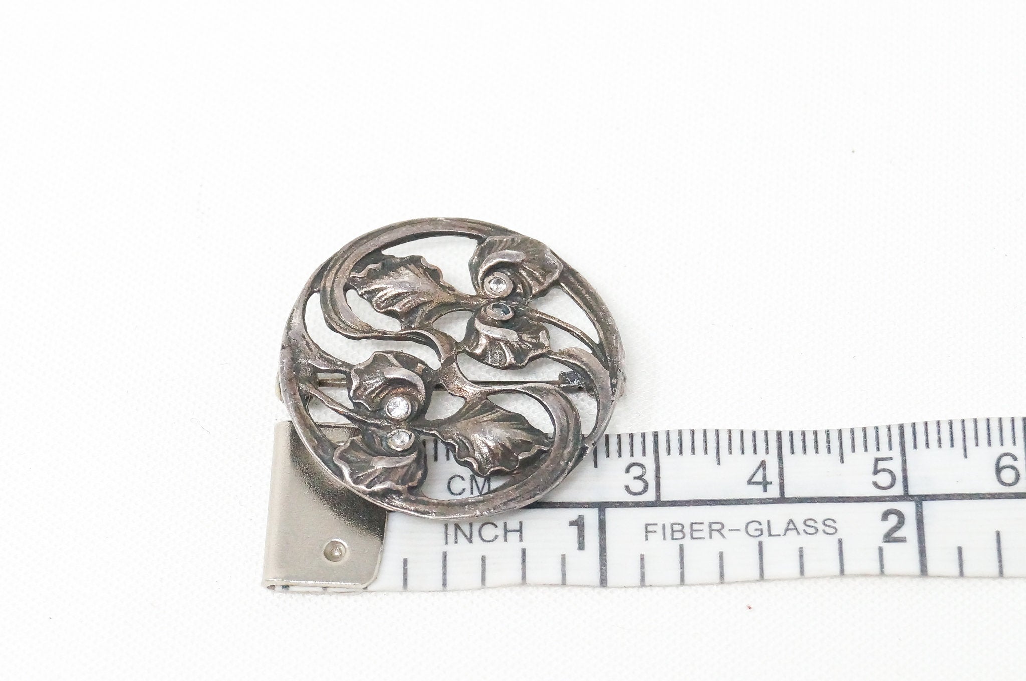 Antique Art Nouveau Motif Floral CZ Sterling Silver Brooch Pin