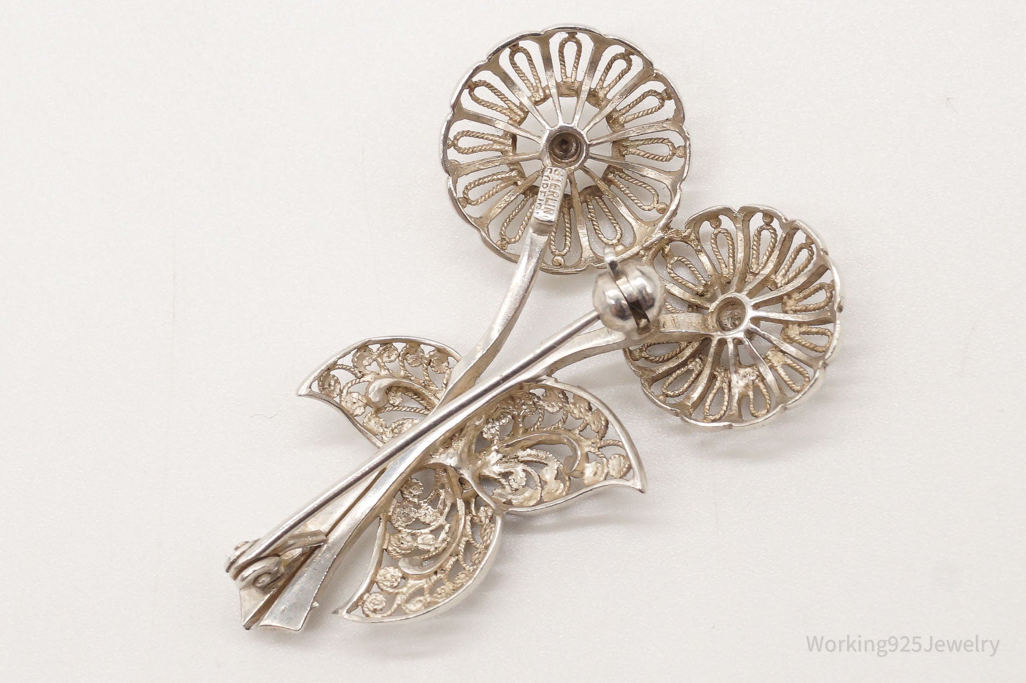 Vintage Flowers Filigree Sterling Silver Brooch Pin